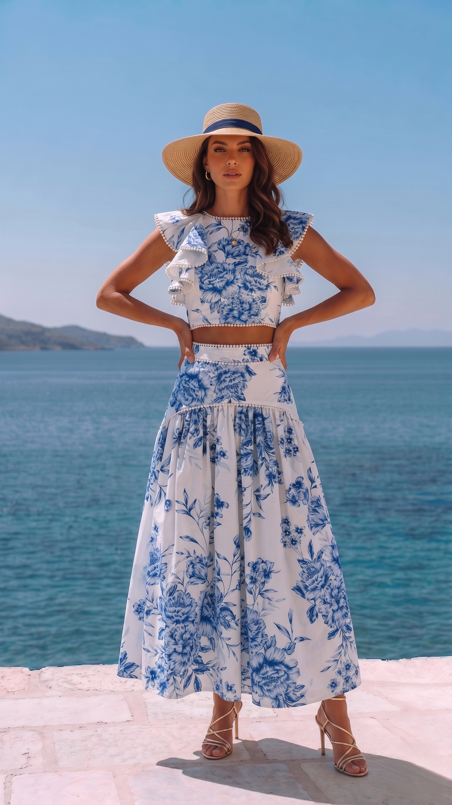 WHITE AND BLUE FLORAL SKIRT SET
