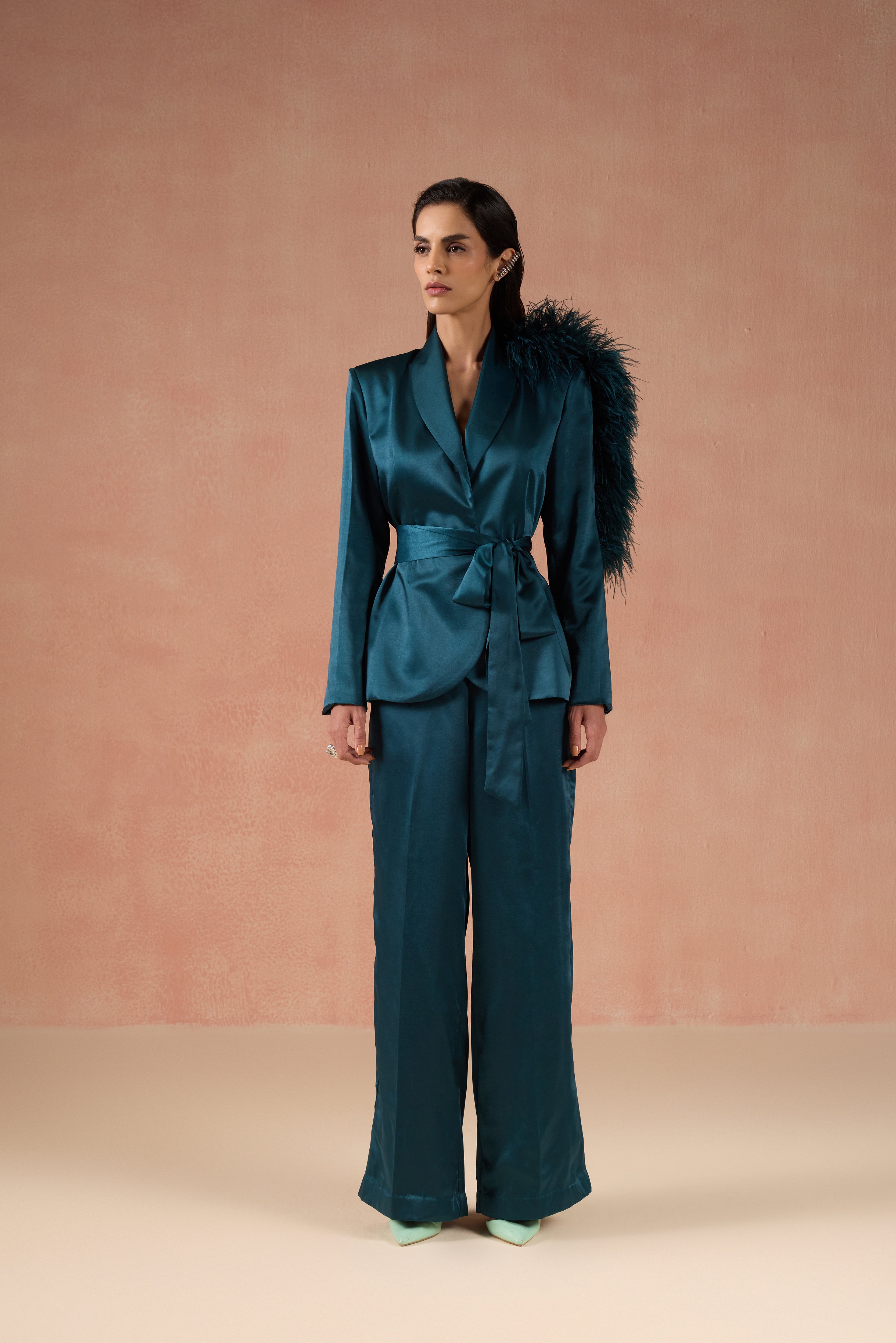 TEAL FEATHER BLAZER SET