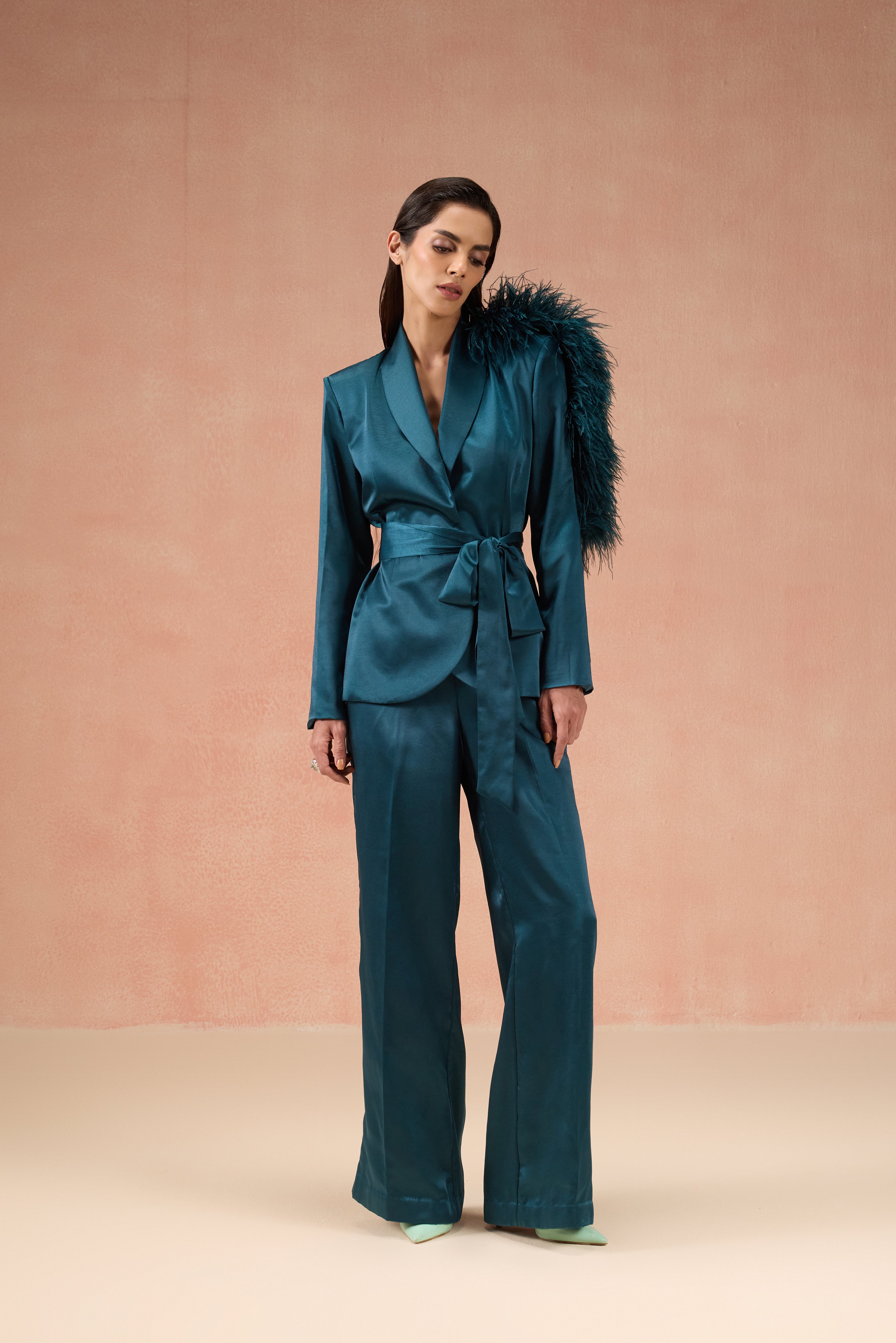 TEAL FEATHER BLAZER SET