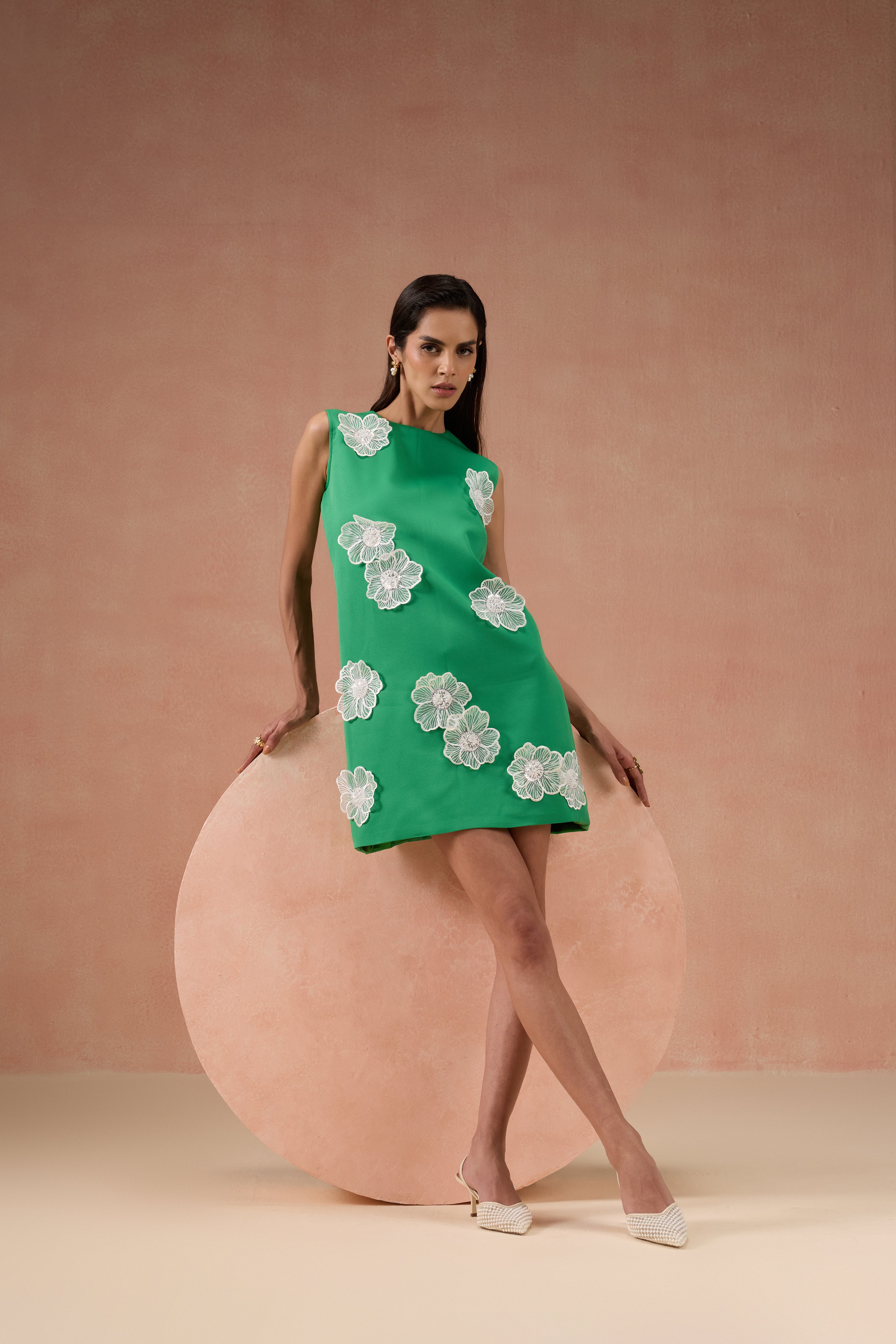 GREEN AND IVORY FLORAL DRESS