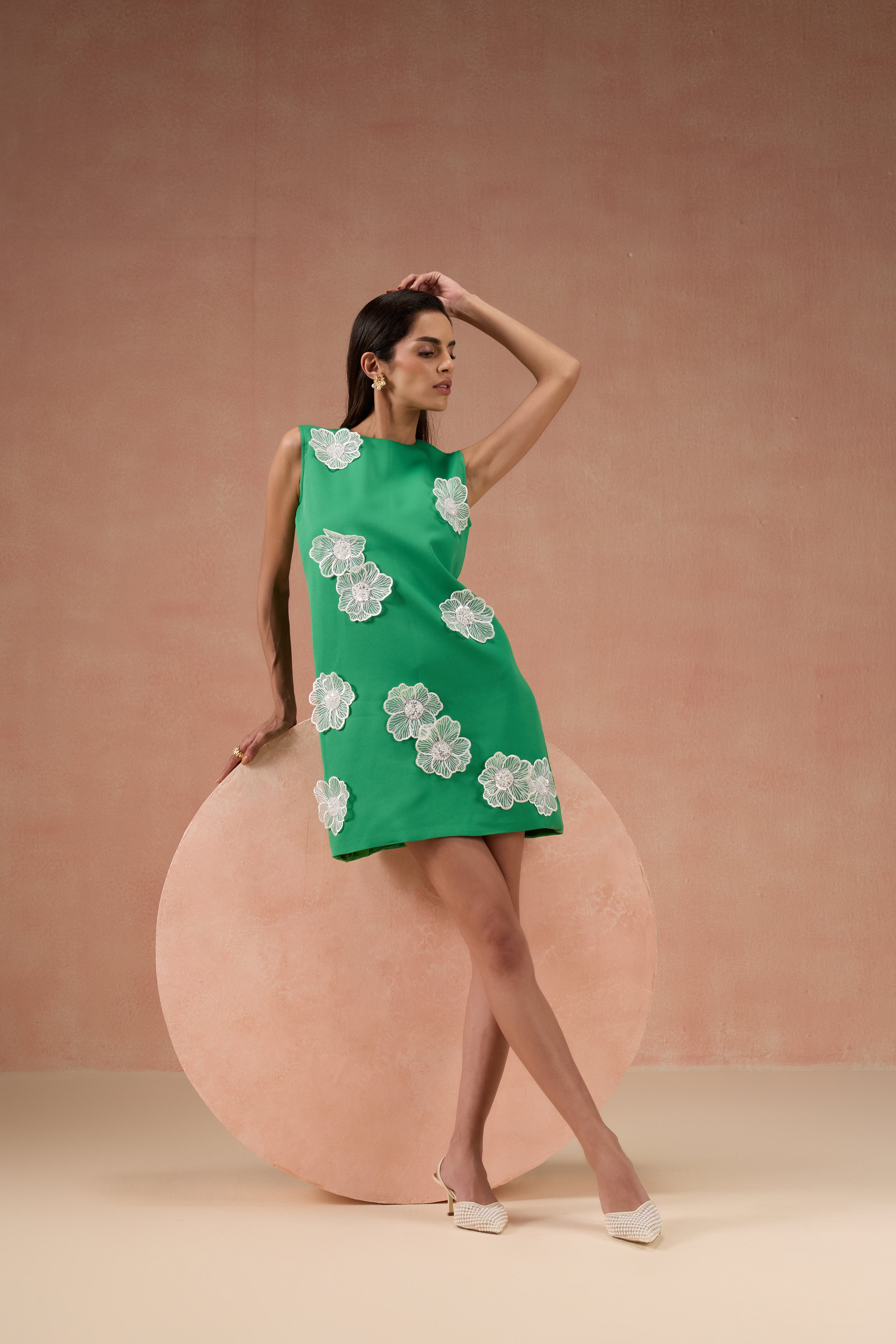 GREEN AND IVORY FLORAL DRESS