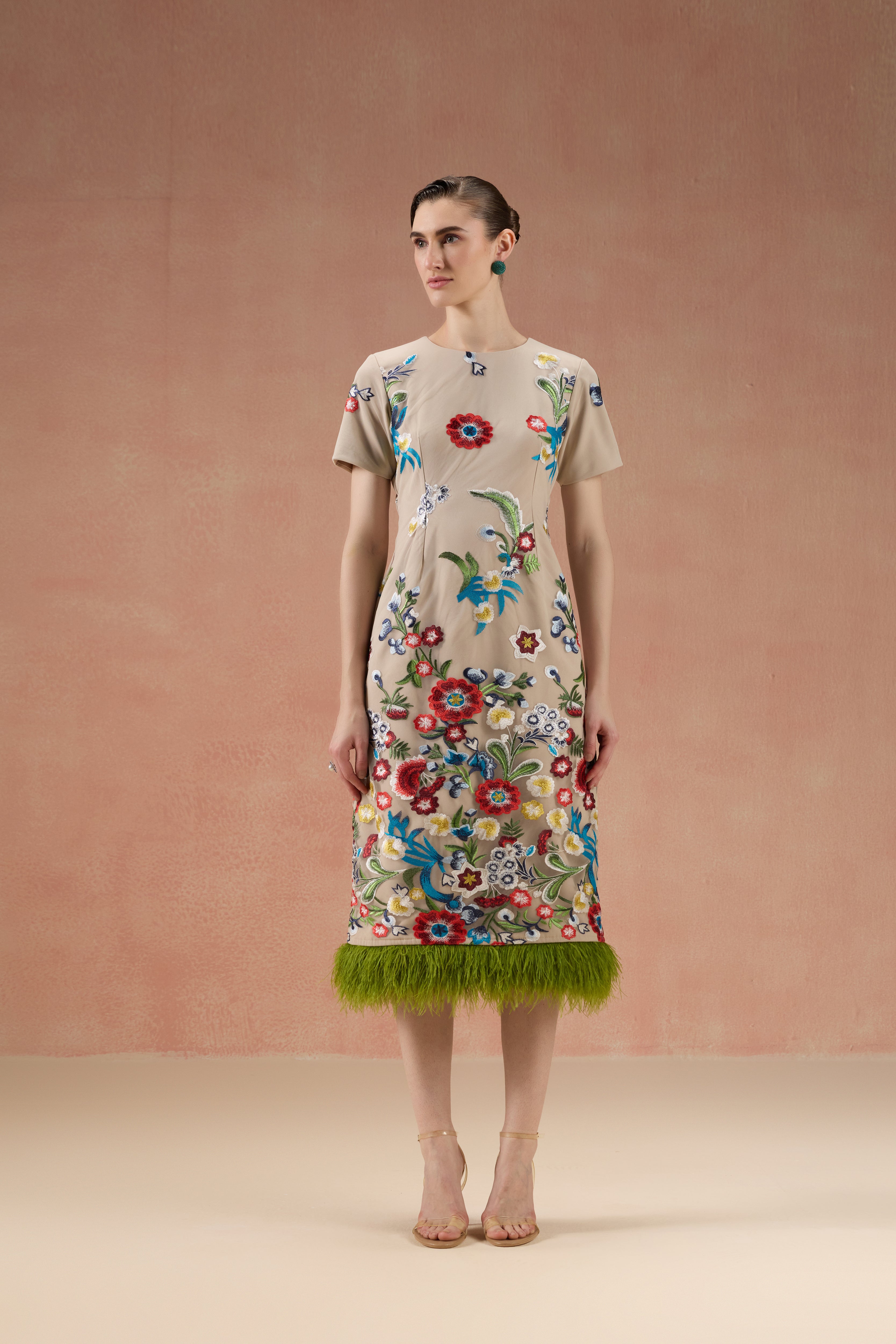 CREAM FLORAL EMBROIDERED FEATHER MIDI