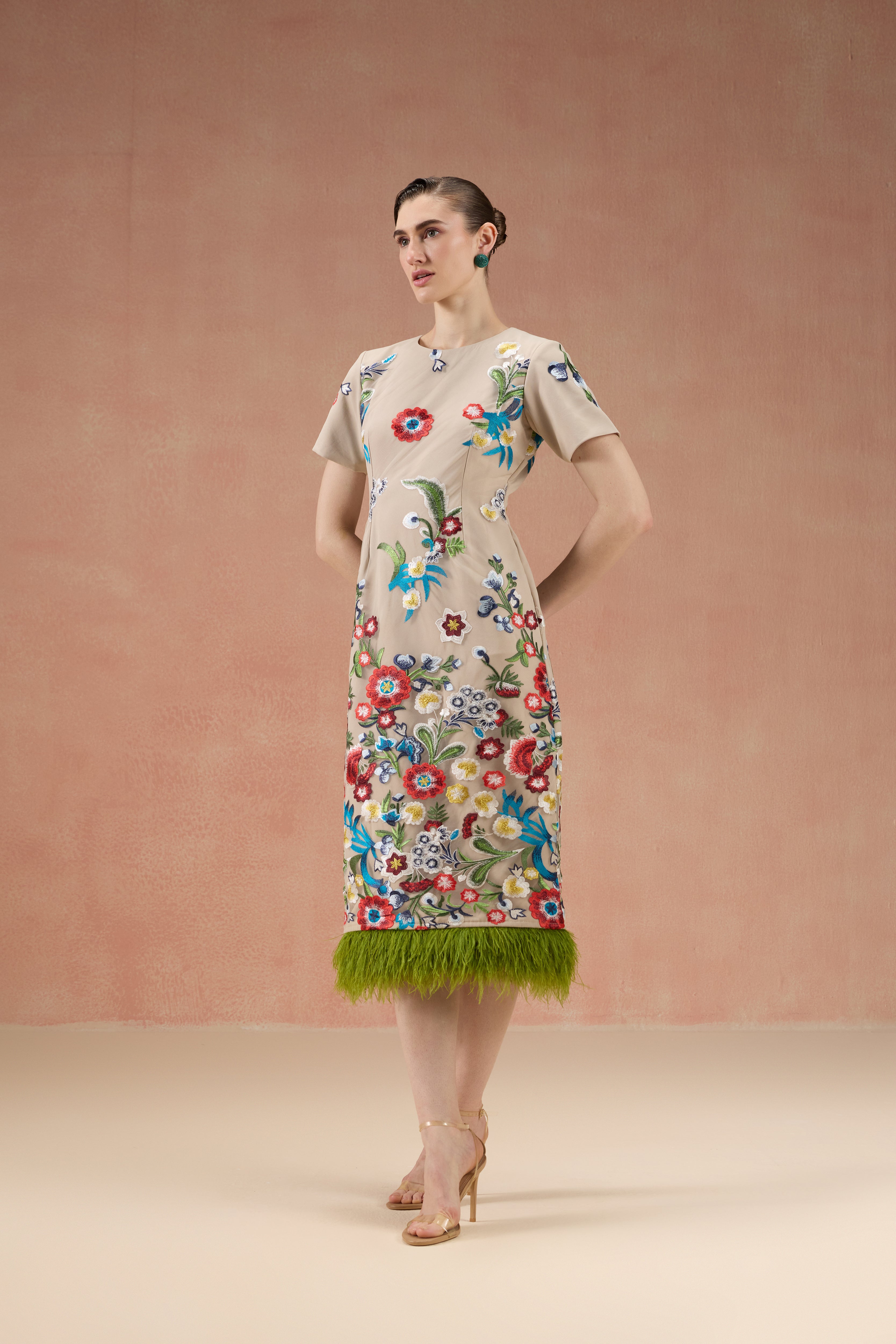 CREAM FLORAL EMBROIDERED FEATHER MIDI