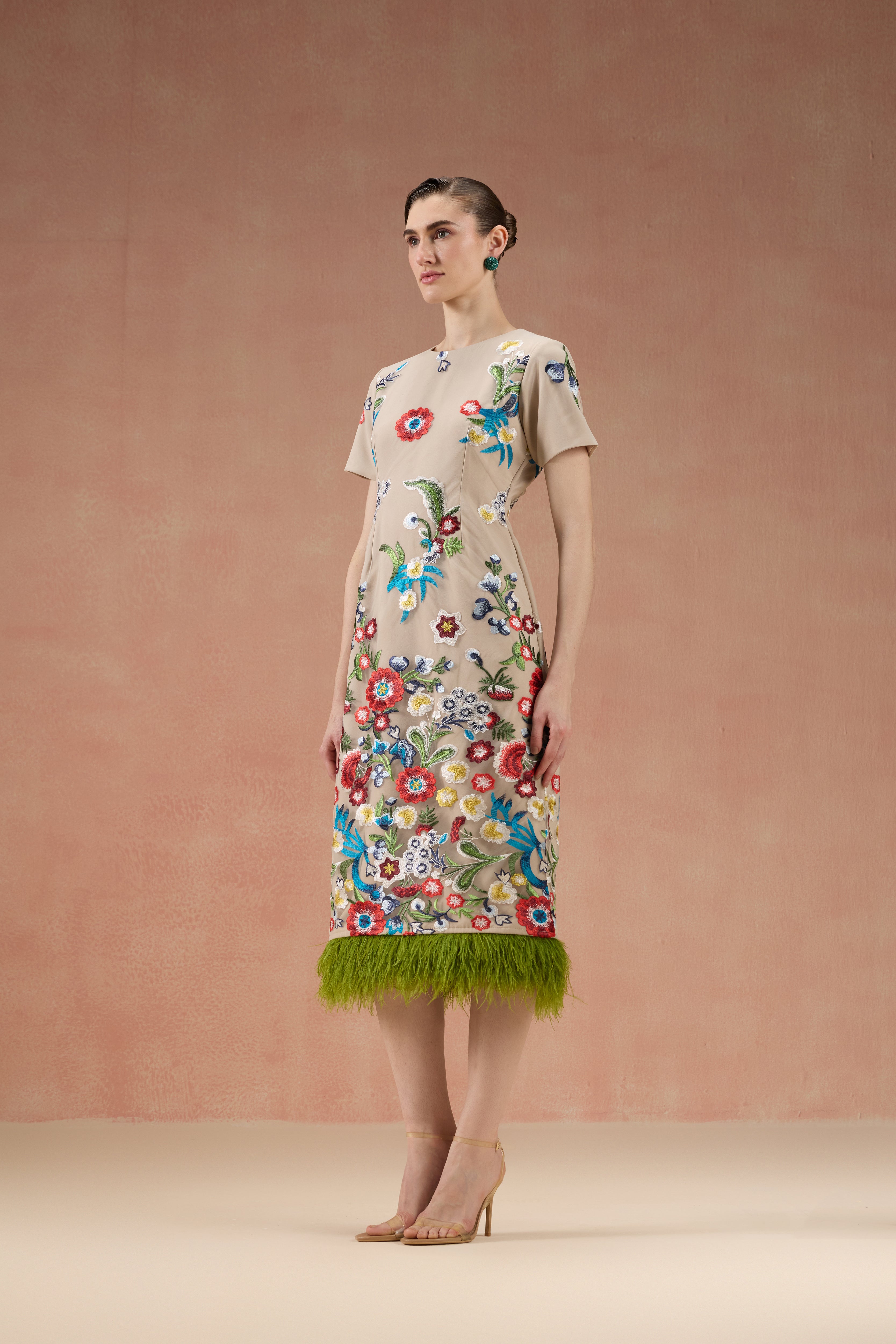 CREAM FLORAL EMBROIDERED FEATHER MIDI