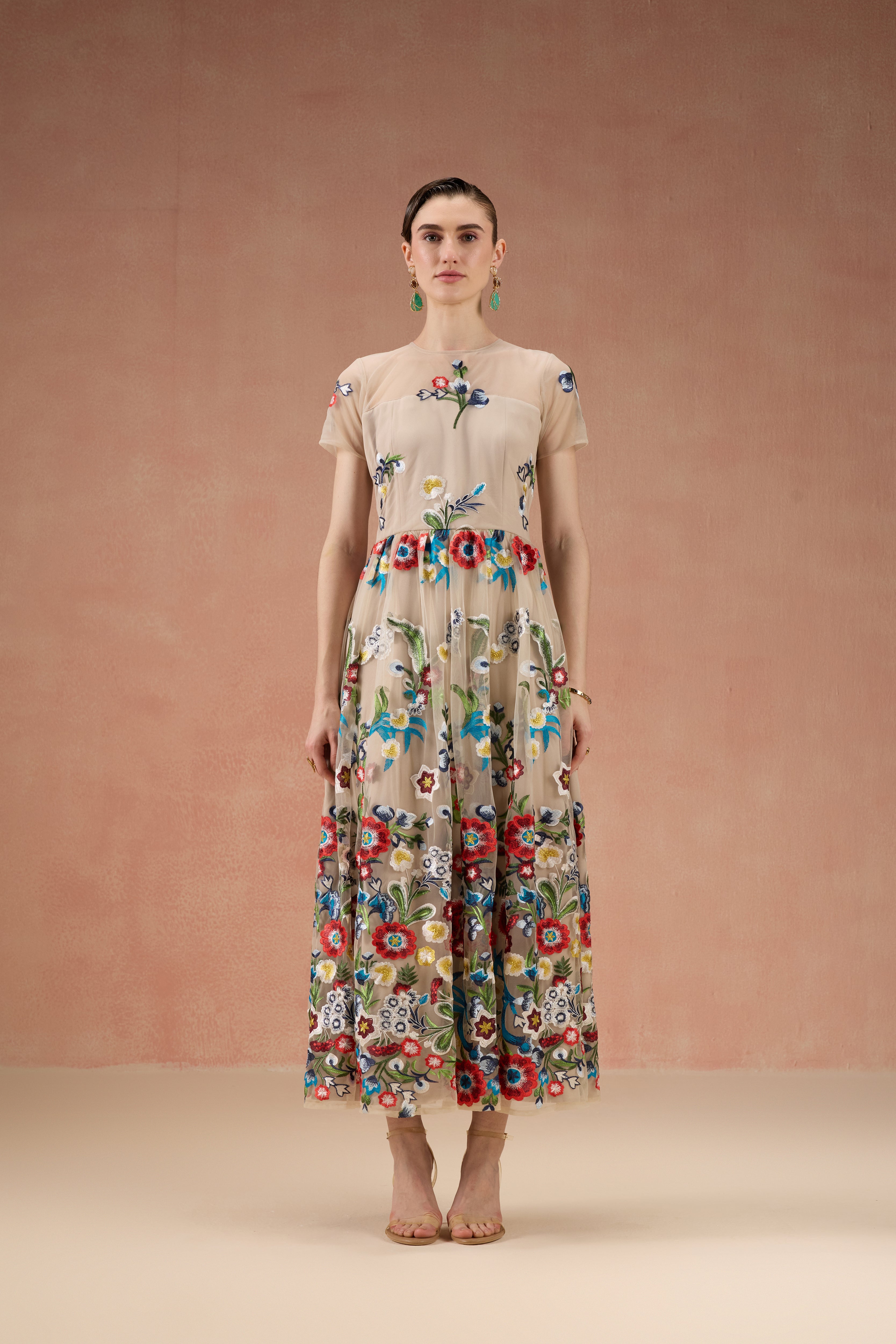 CREAM FLORAL GATHERED MIDI