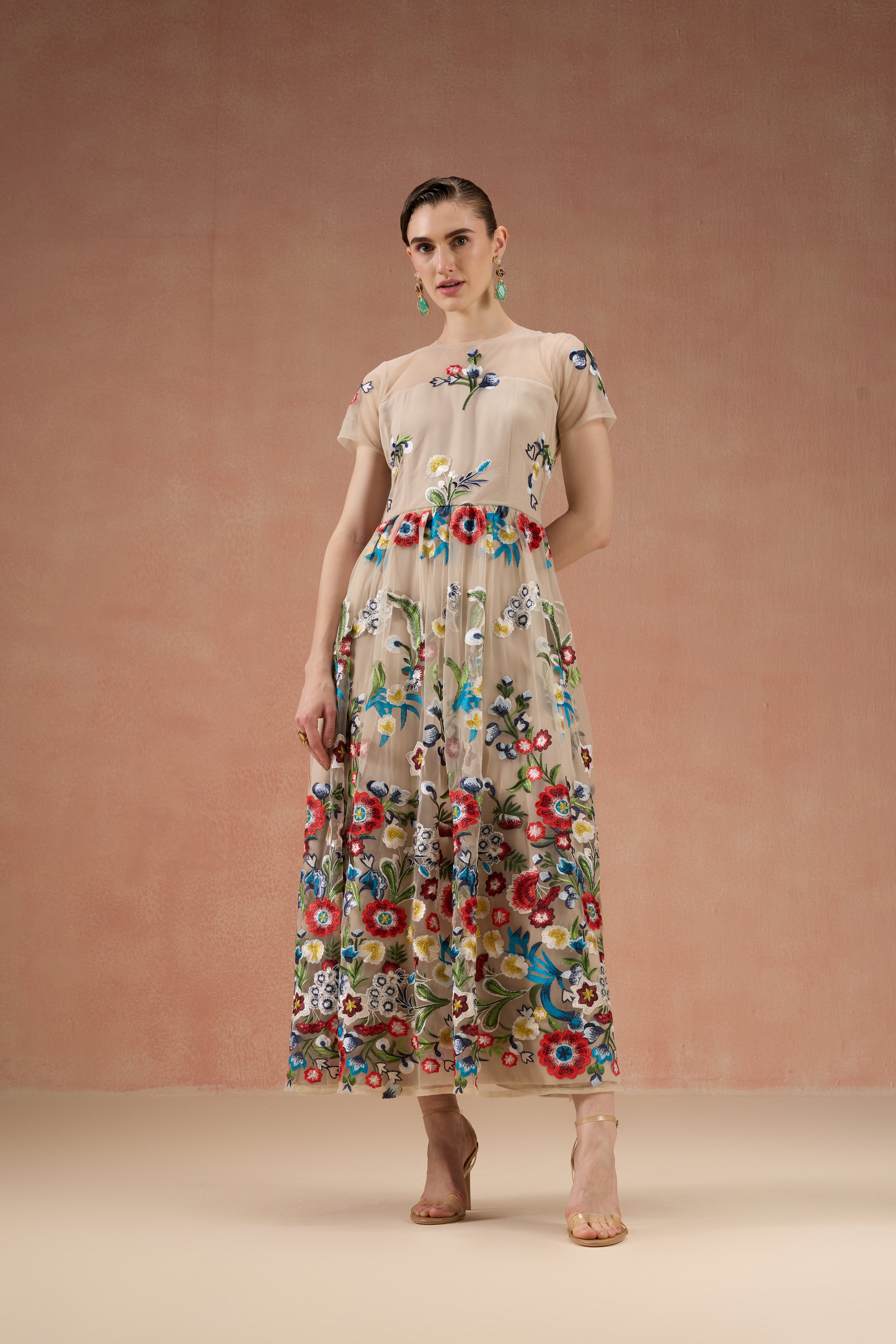 CREAM FLORAL GATHERED MIDI