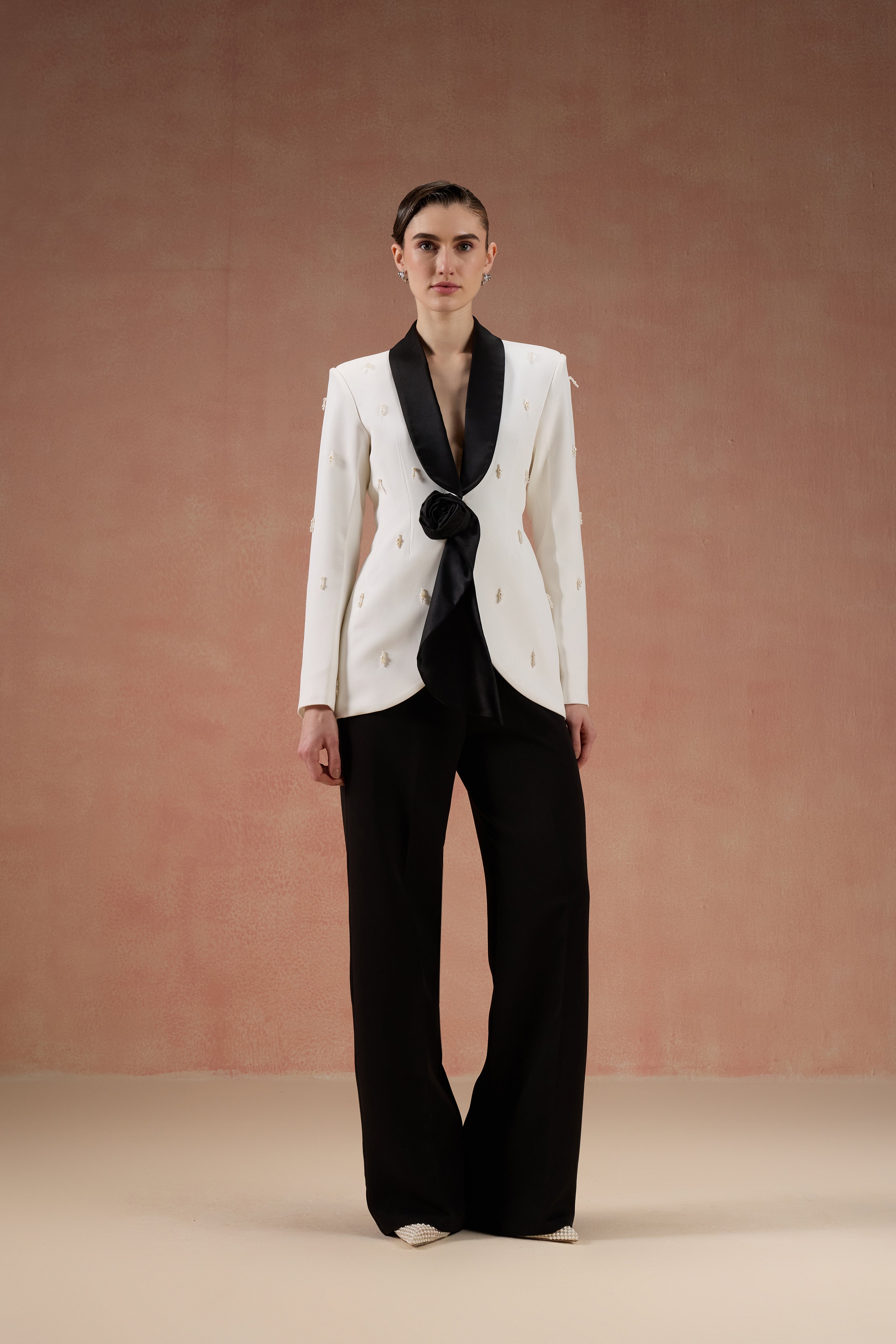 IVORY AND BLACK ROSE BLAZER SET