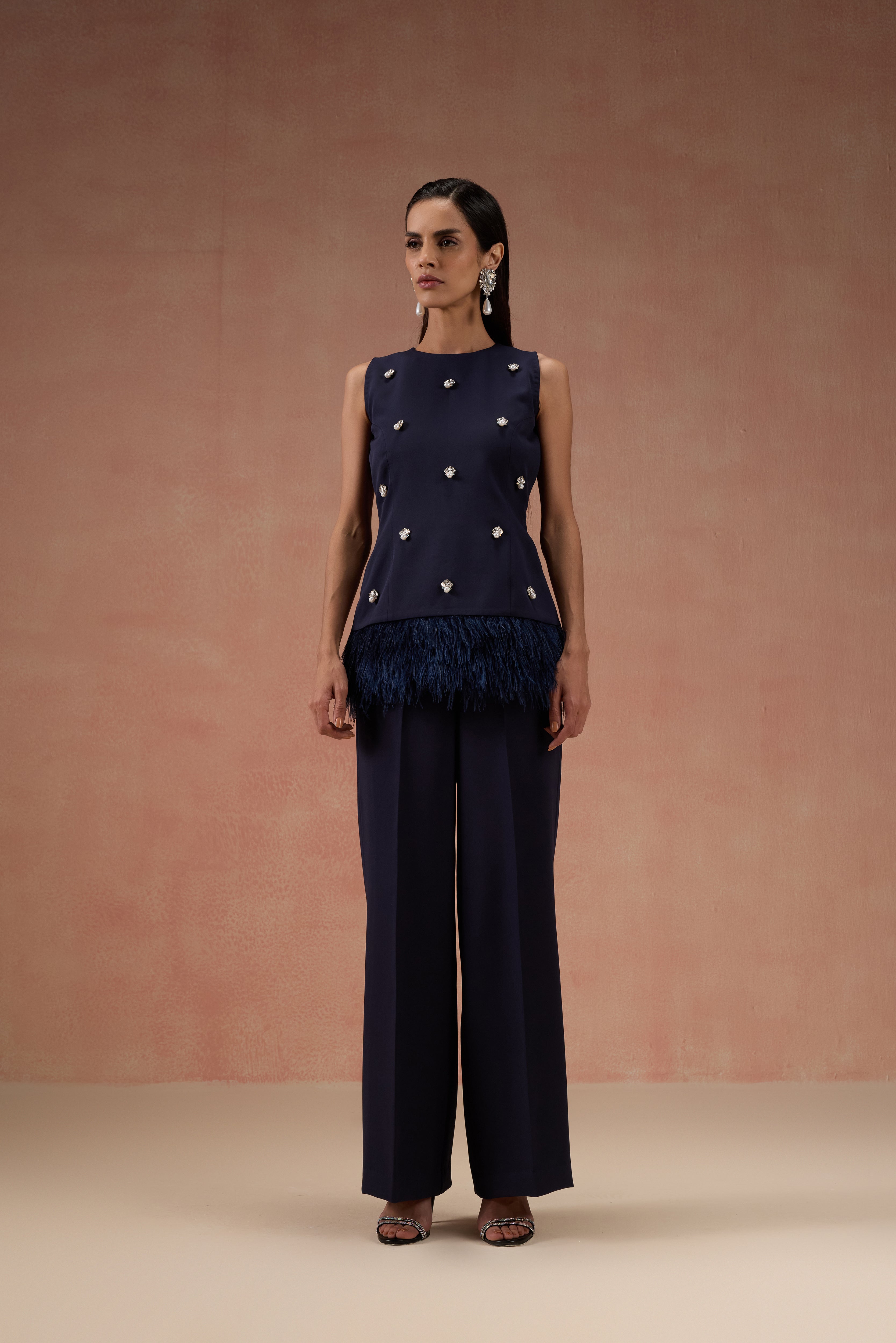 NAVY EMBELLISHED FEATHER CO-ORD SET