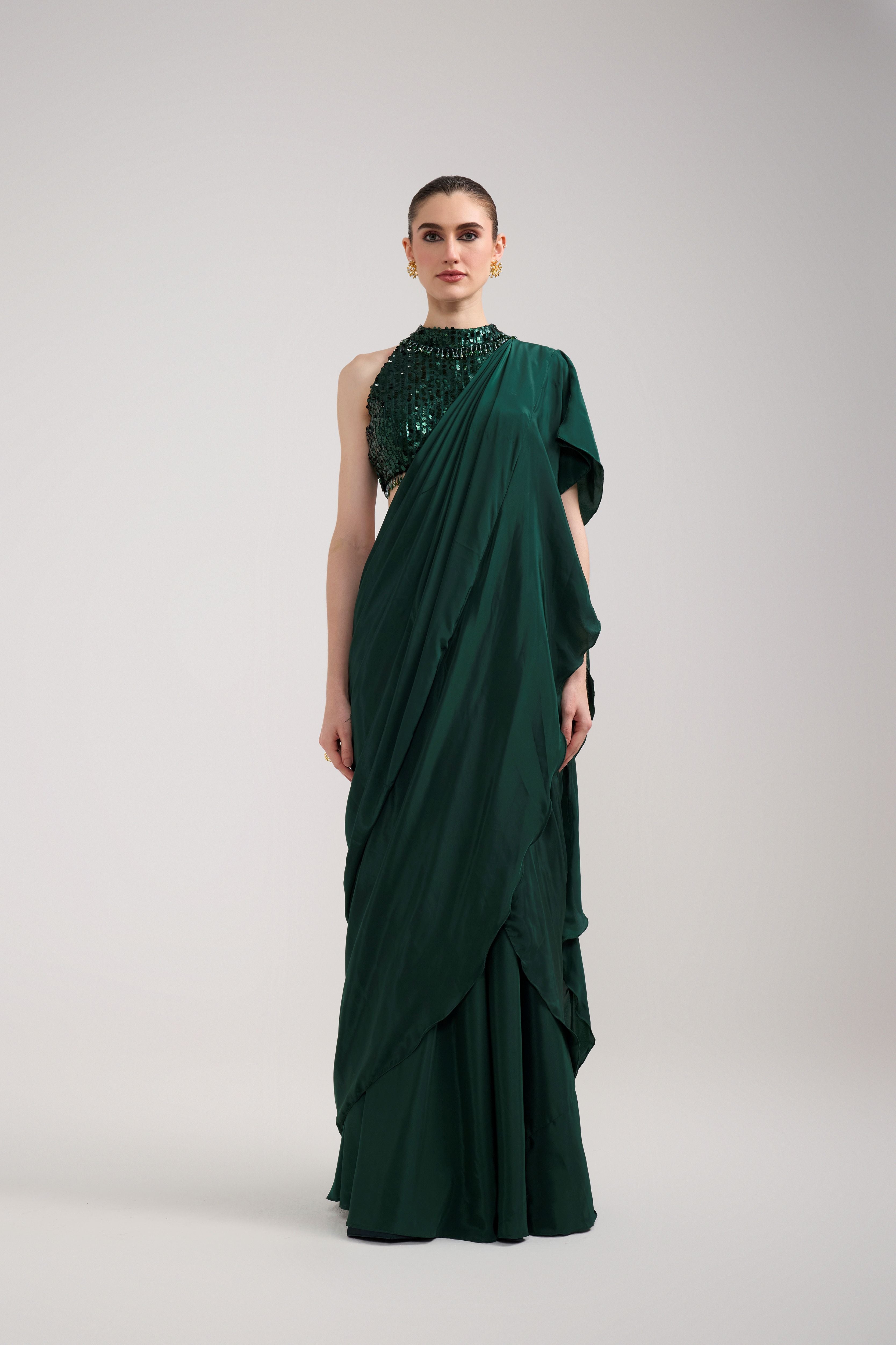 EMERALD SEQUIN RUFFLE SAREE SET
