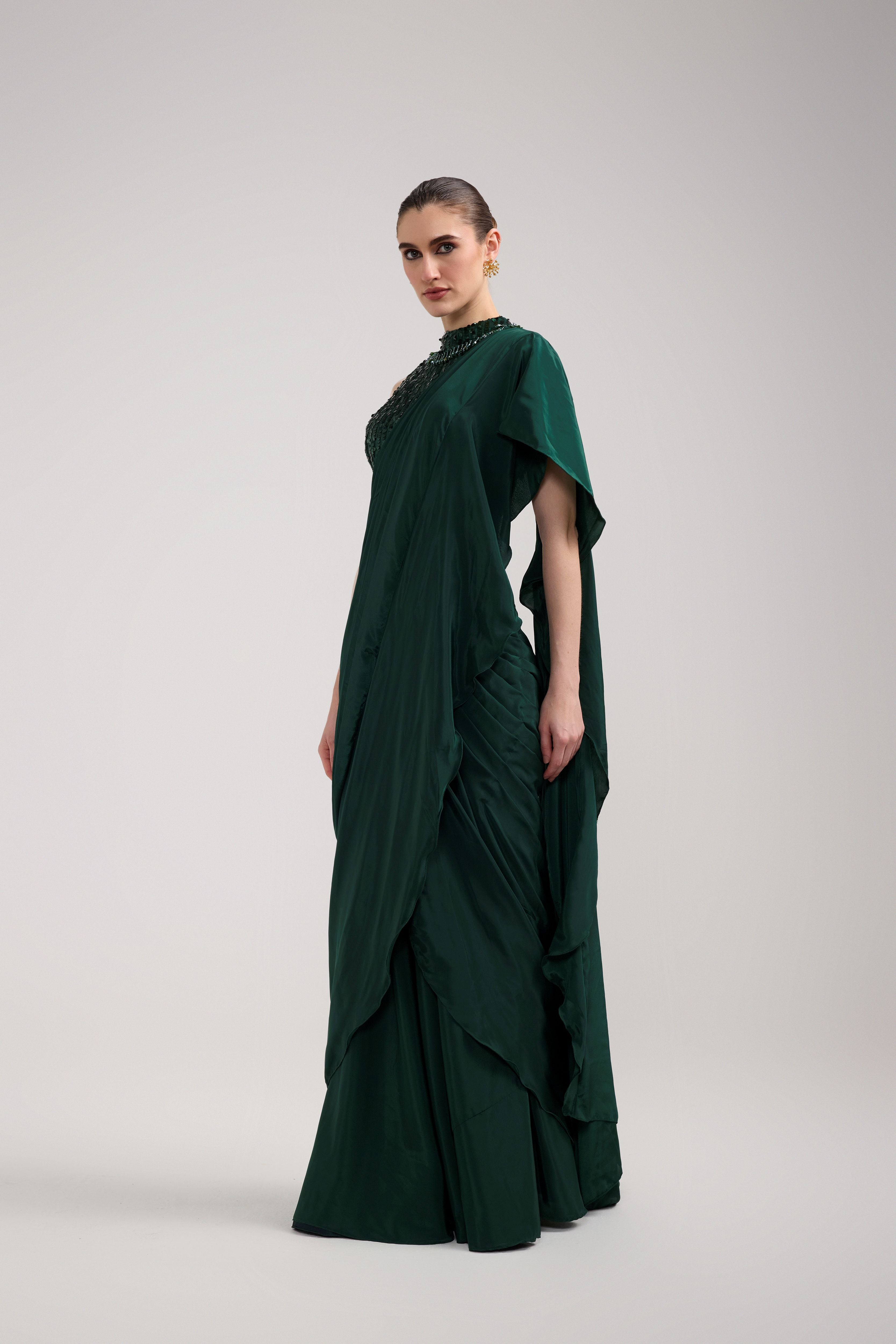 EMERALD SEQUIN RUFFLE SAREE SET