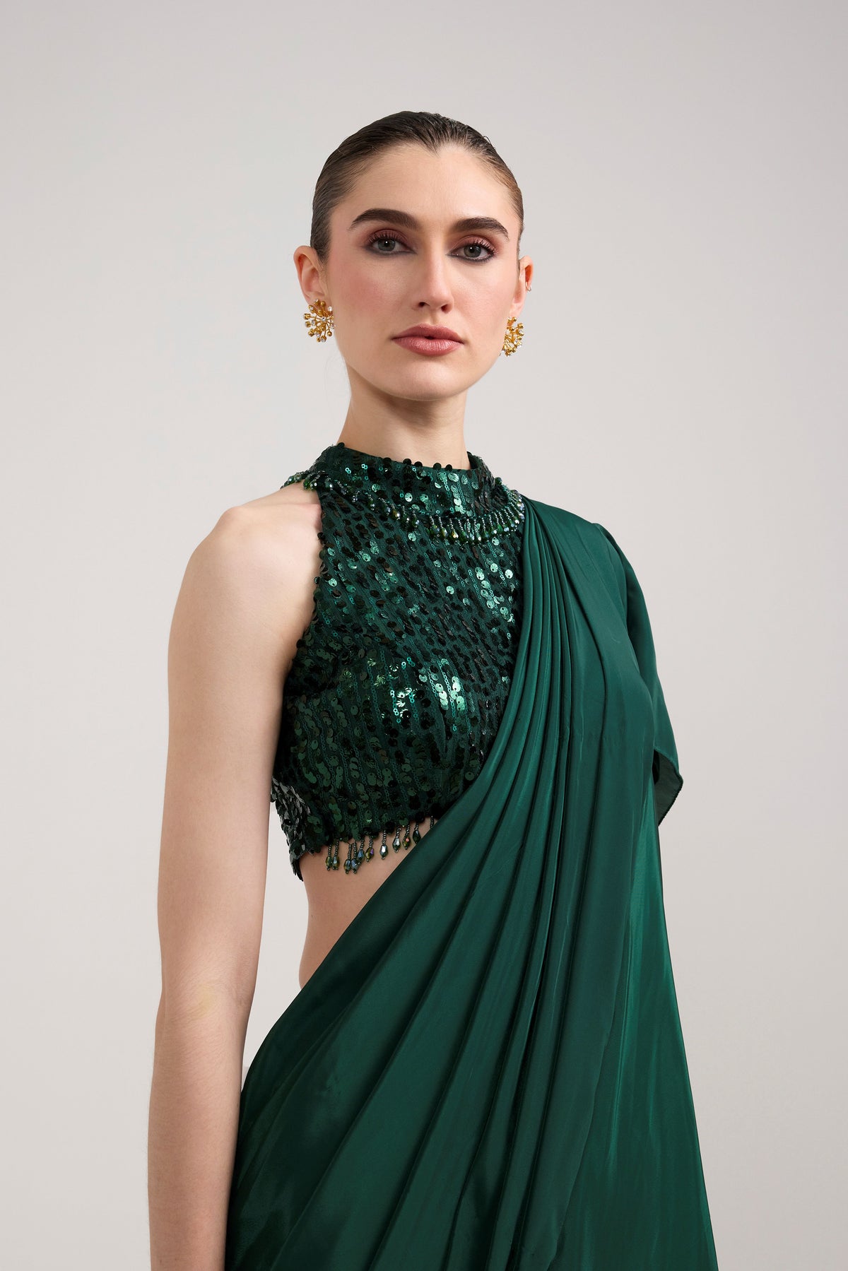 EMERALD SEQUIN RUFFLE SAREE SET