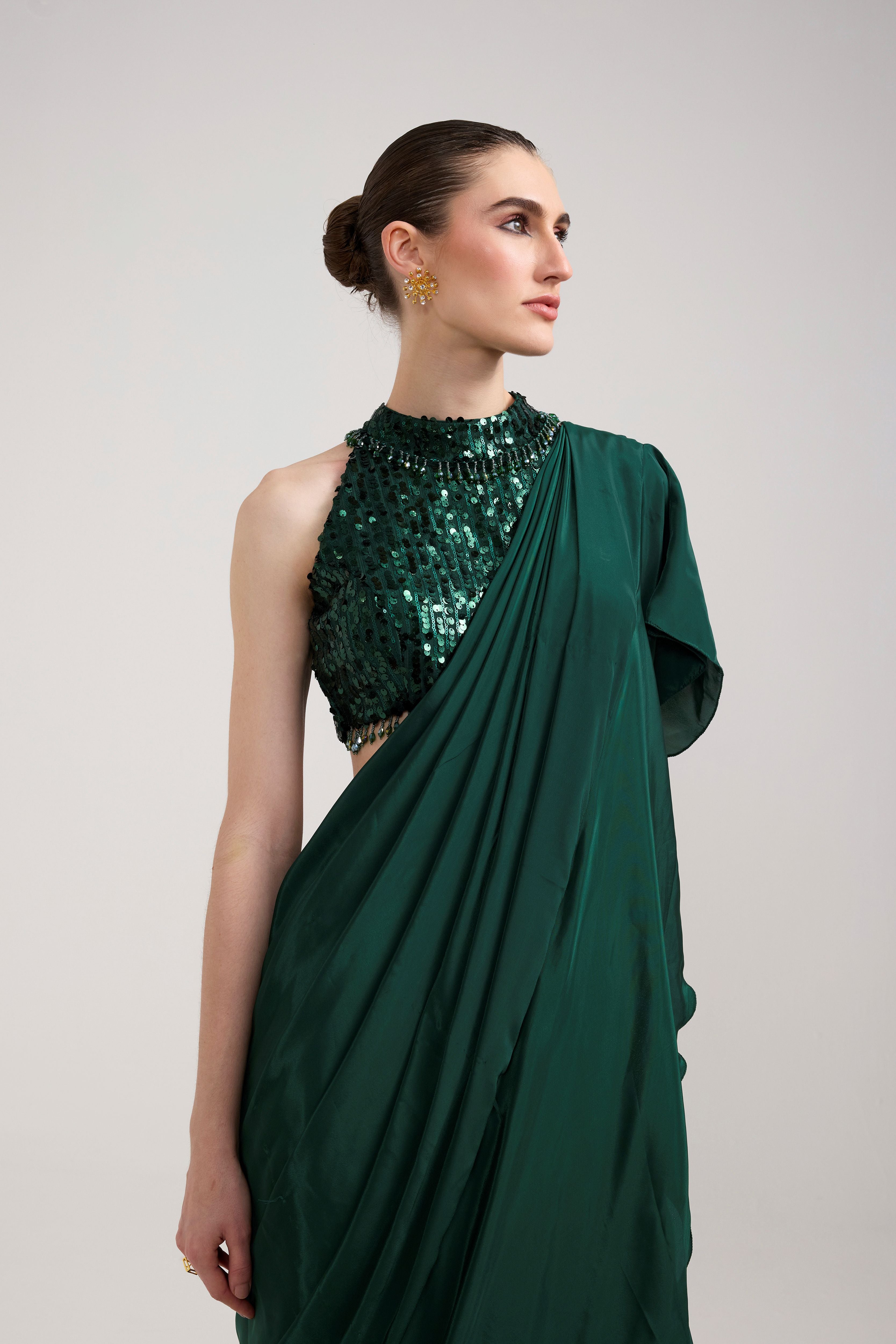 EMERALD SEQUIN RUFFLE SAREE SET