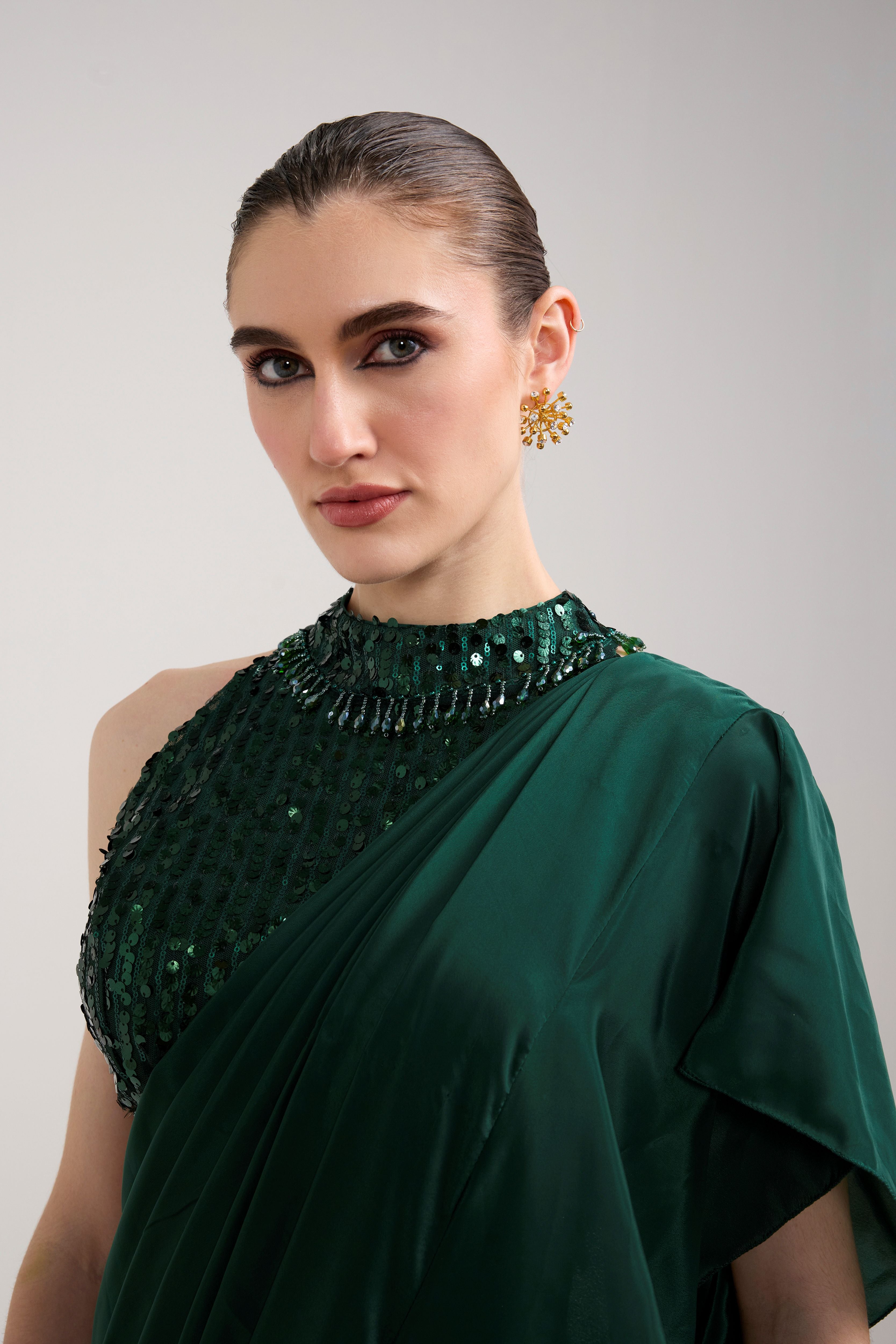 EMERALD SEQUIN RUFFLE SAREE SET