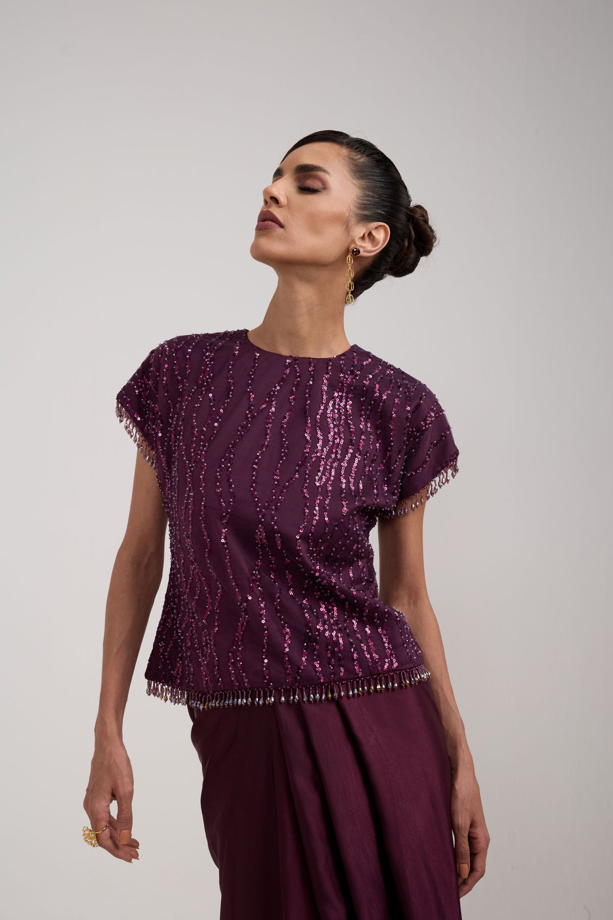 WINE SEQUIN DRAPED SKIRT SET