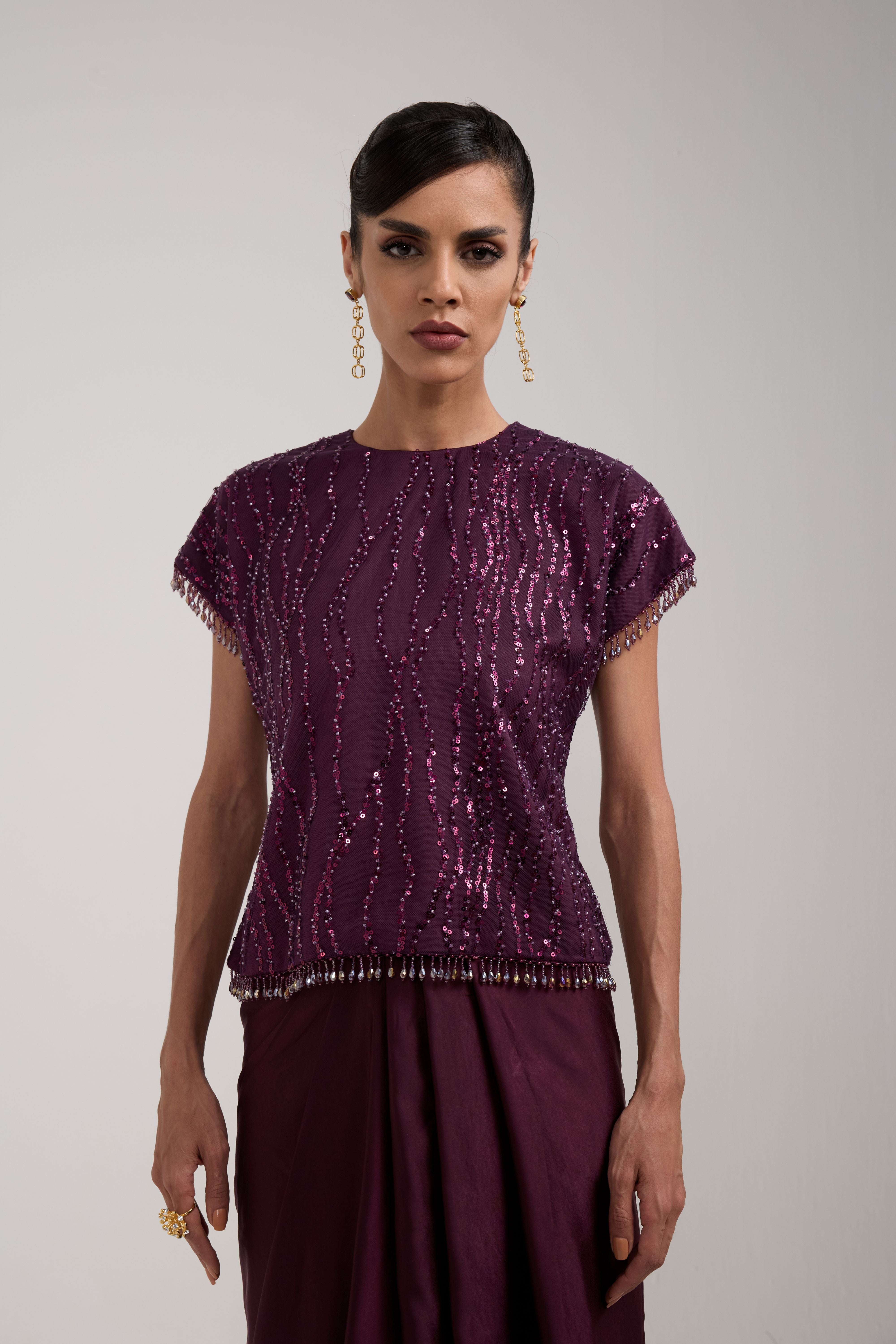 WINE SEQUIN DRAPED SKIRT SET