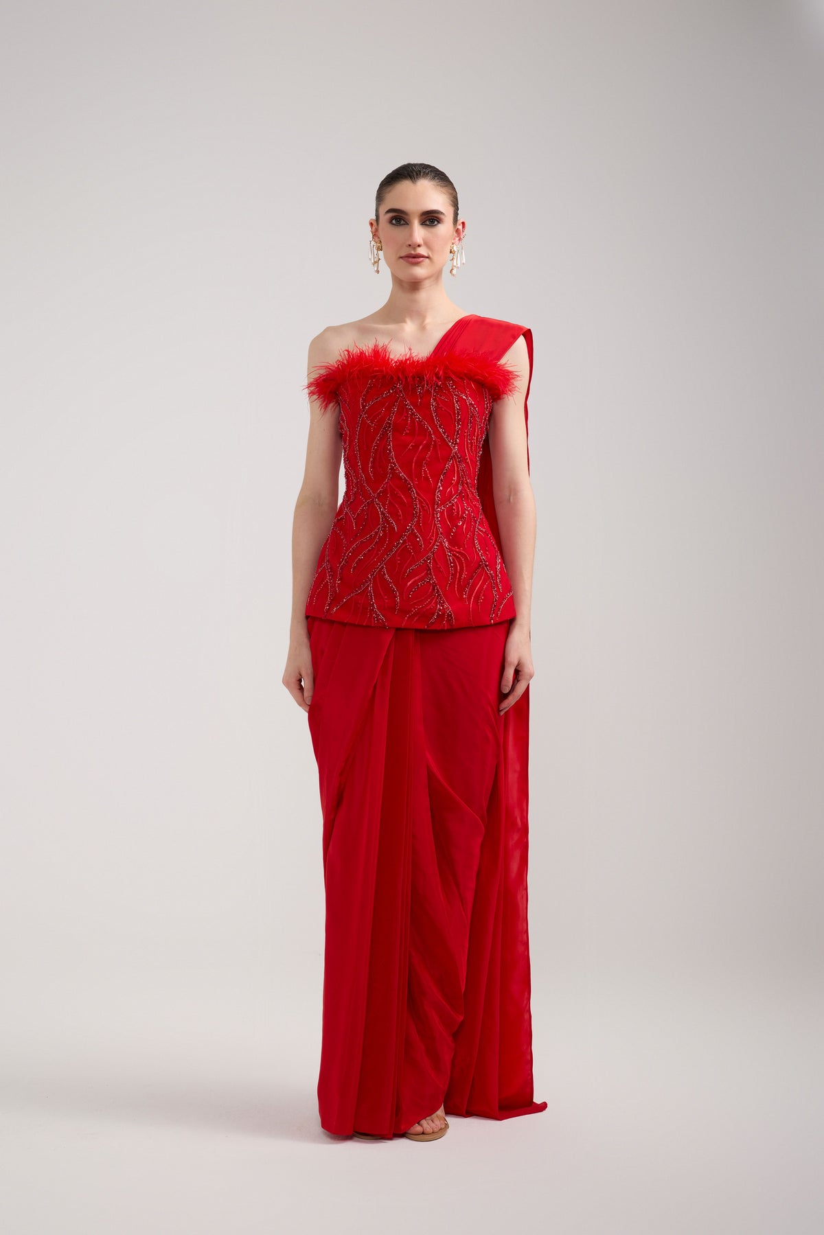 RED SEQUIN FEATHER CORSET SAREE
