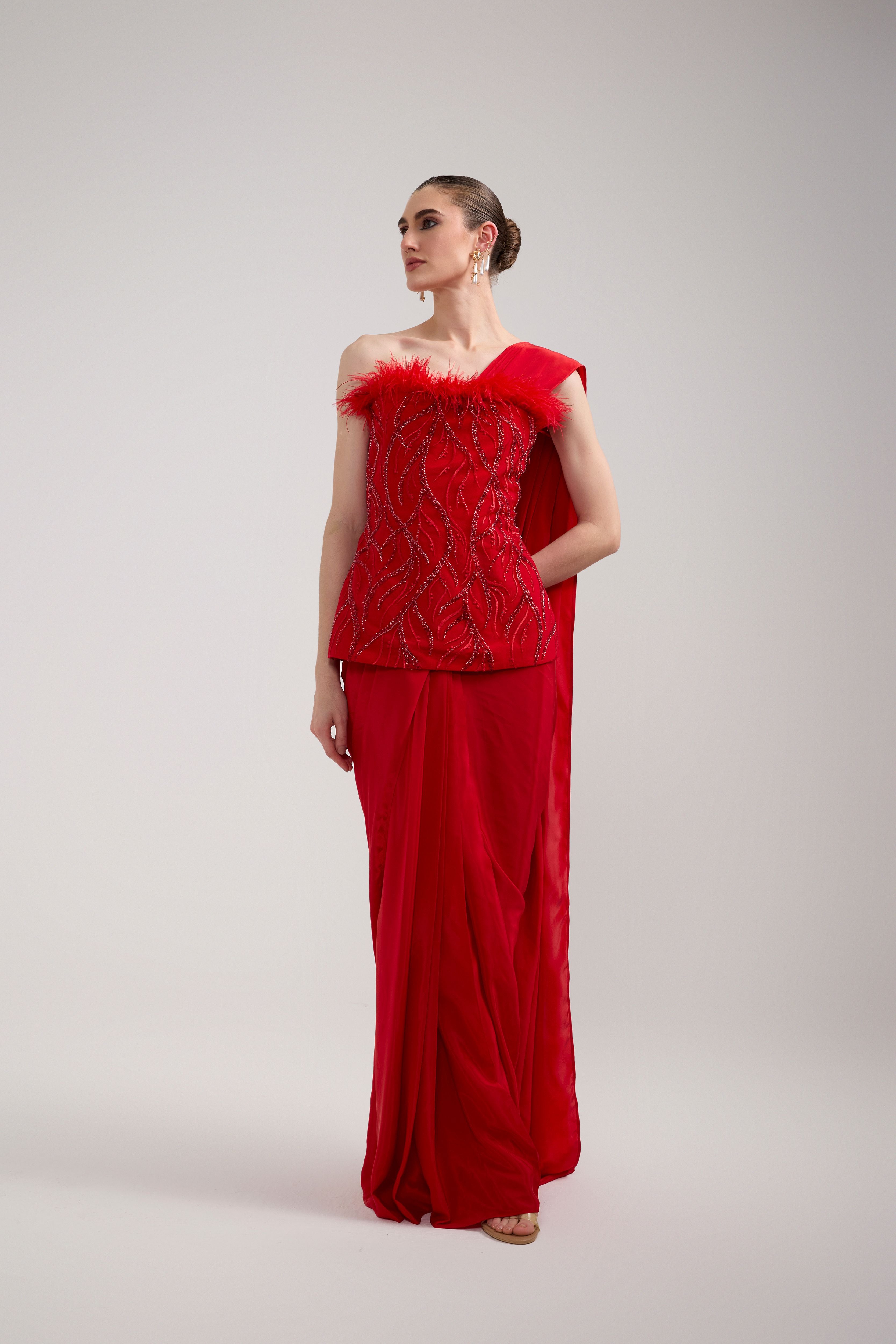RED SEQUIN FEATHER CORSET SAREE