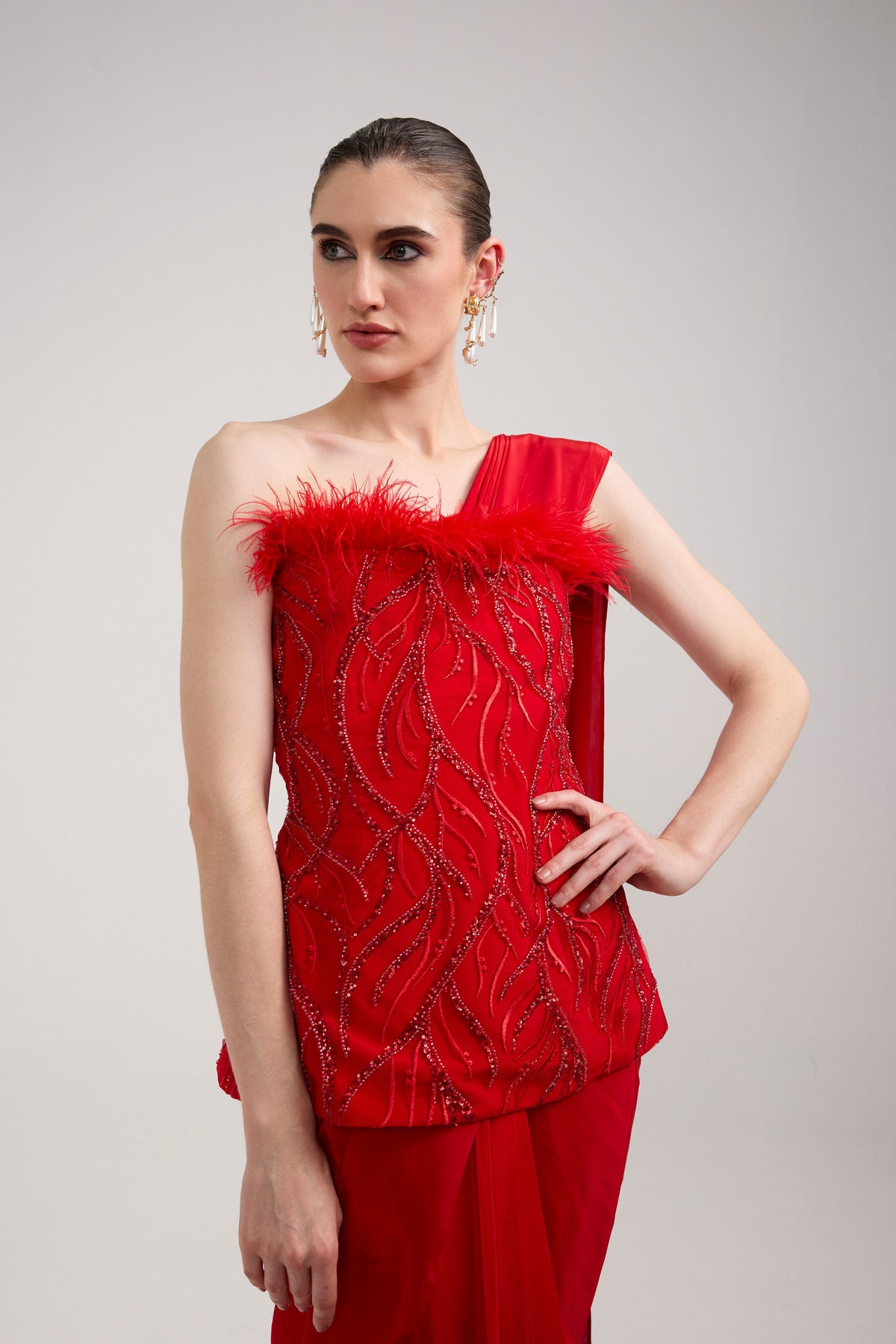 RED SEQUIN FEATHER CORSET SAREE