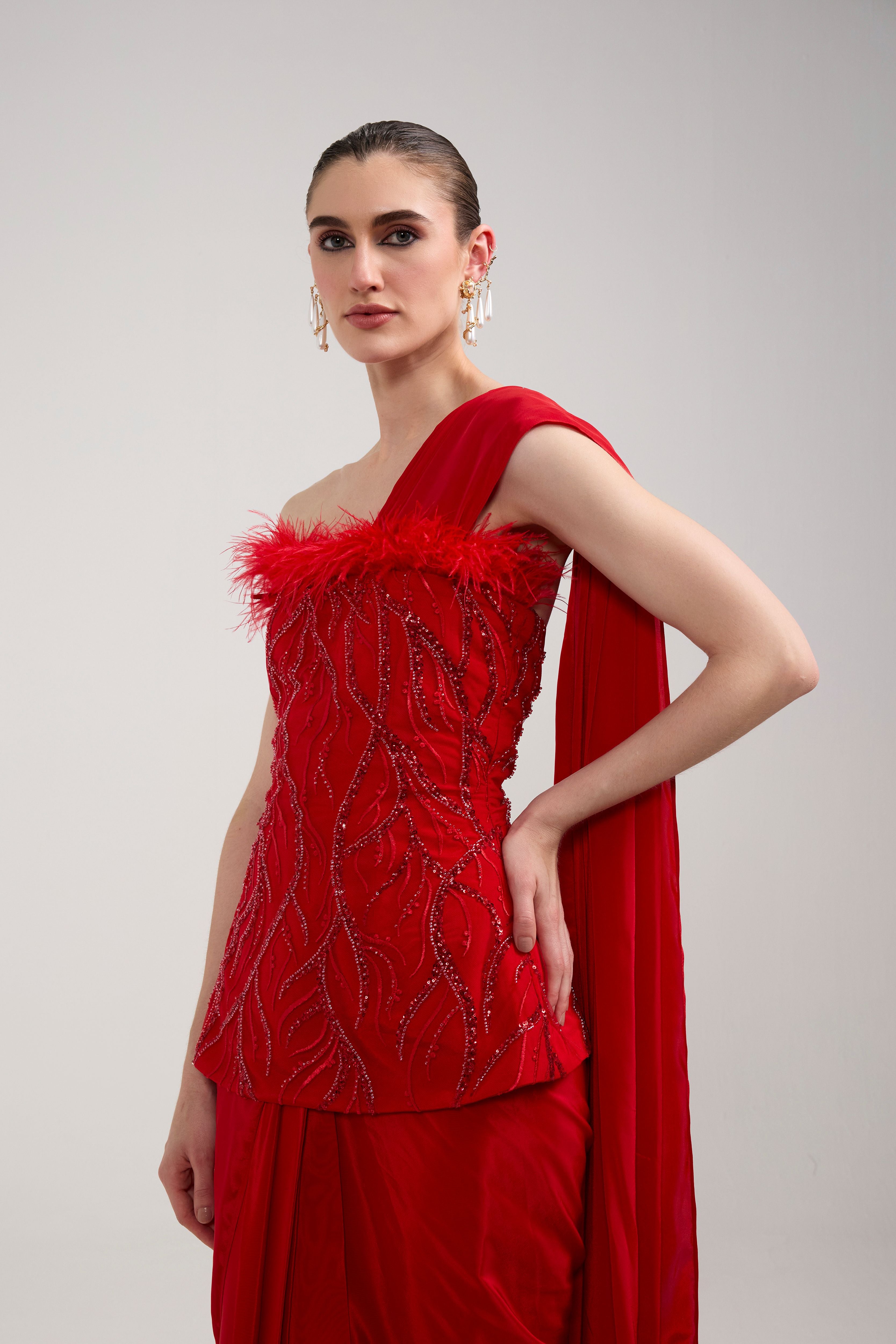 RED SEQUIN FEATHER CORSET SAREE