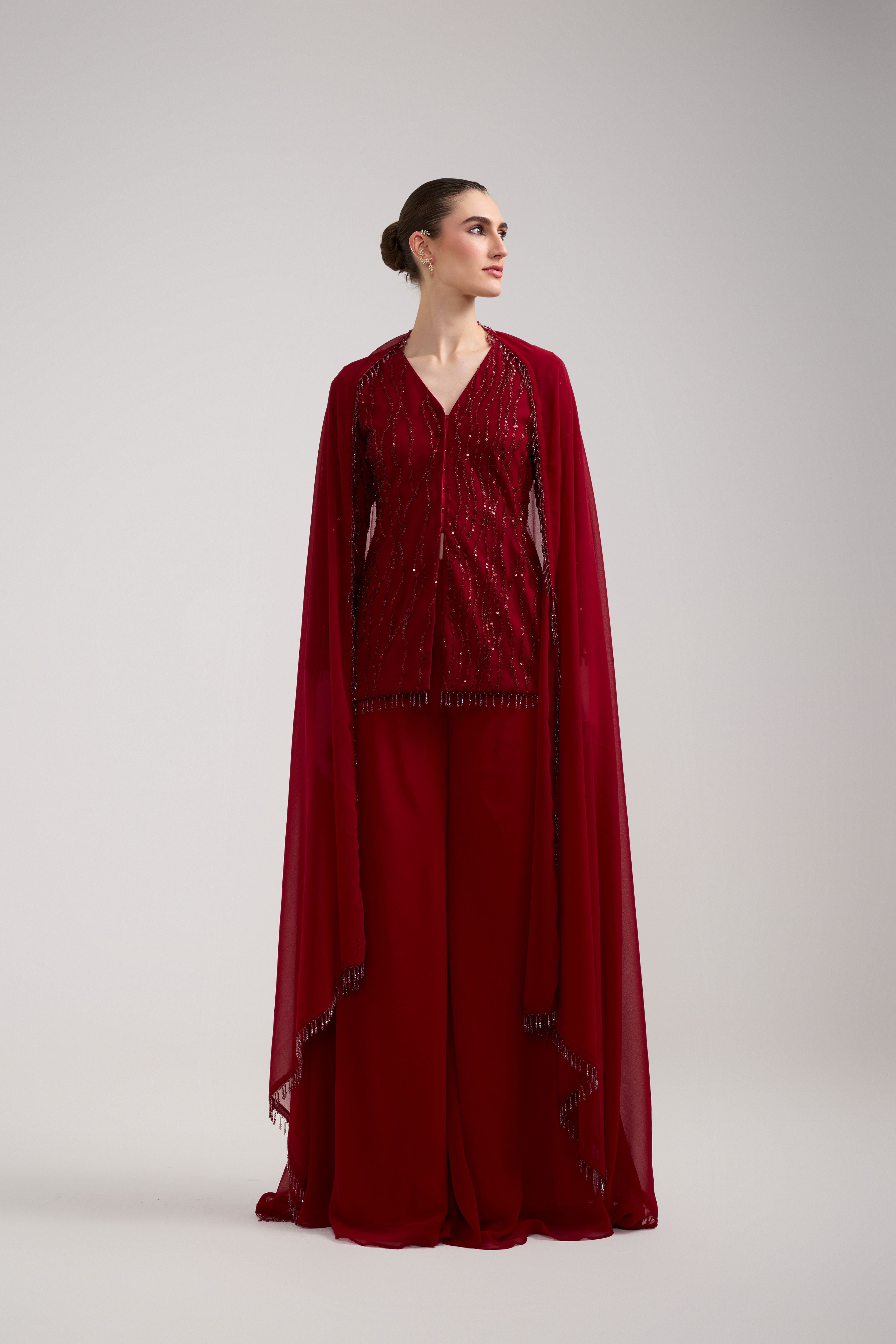 MAROON SEQUIN BEADED SHARARA SET