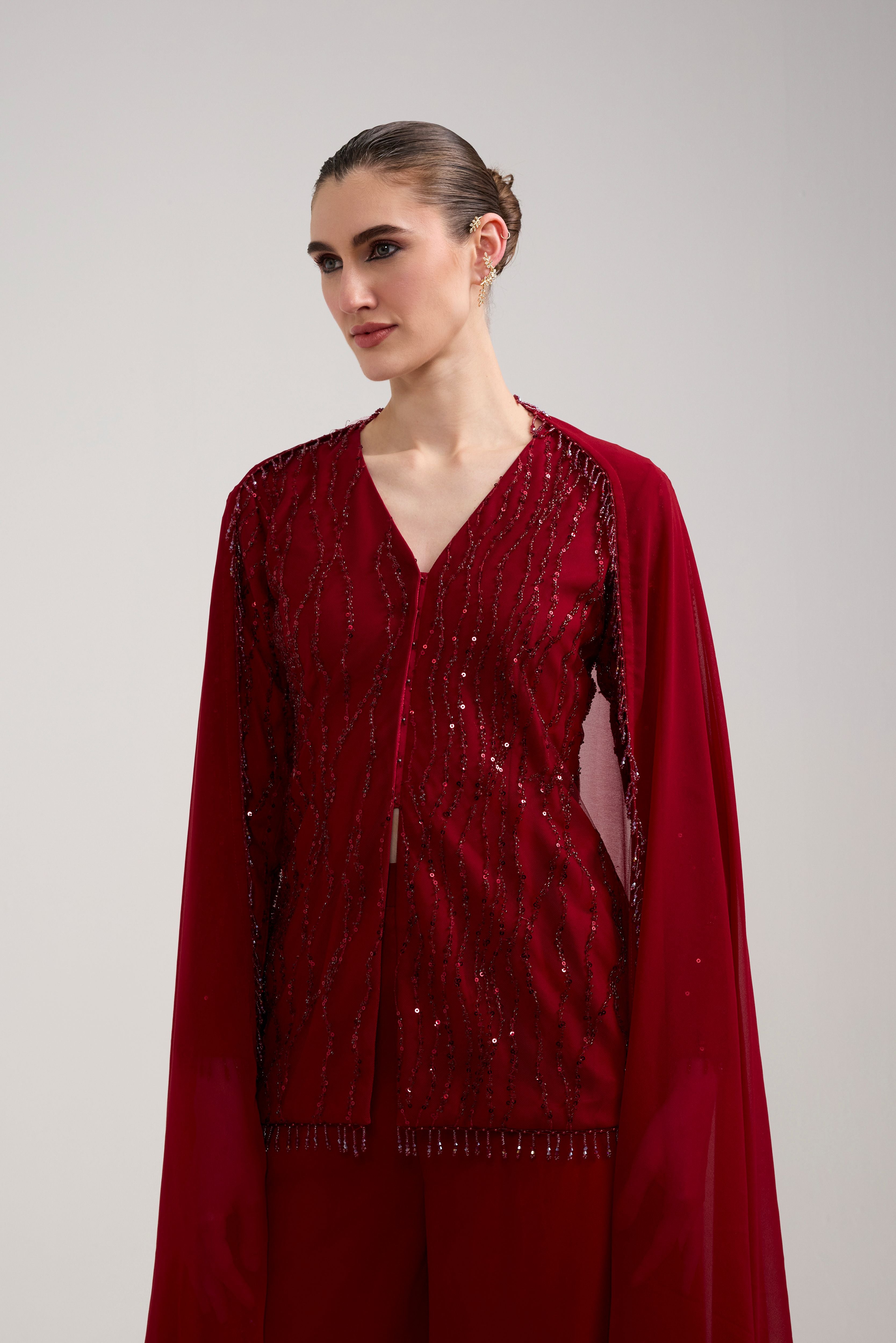 MAROON SEQUIN BEADED SHARARA SET