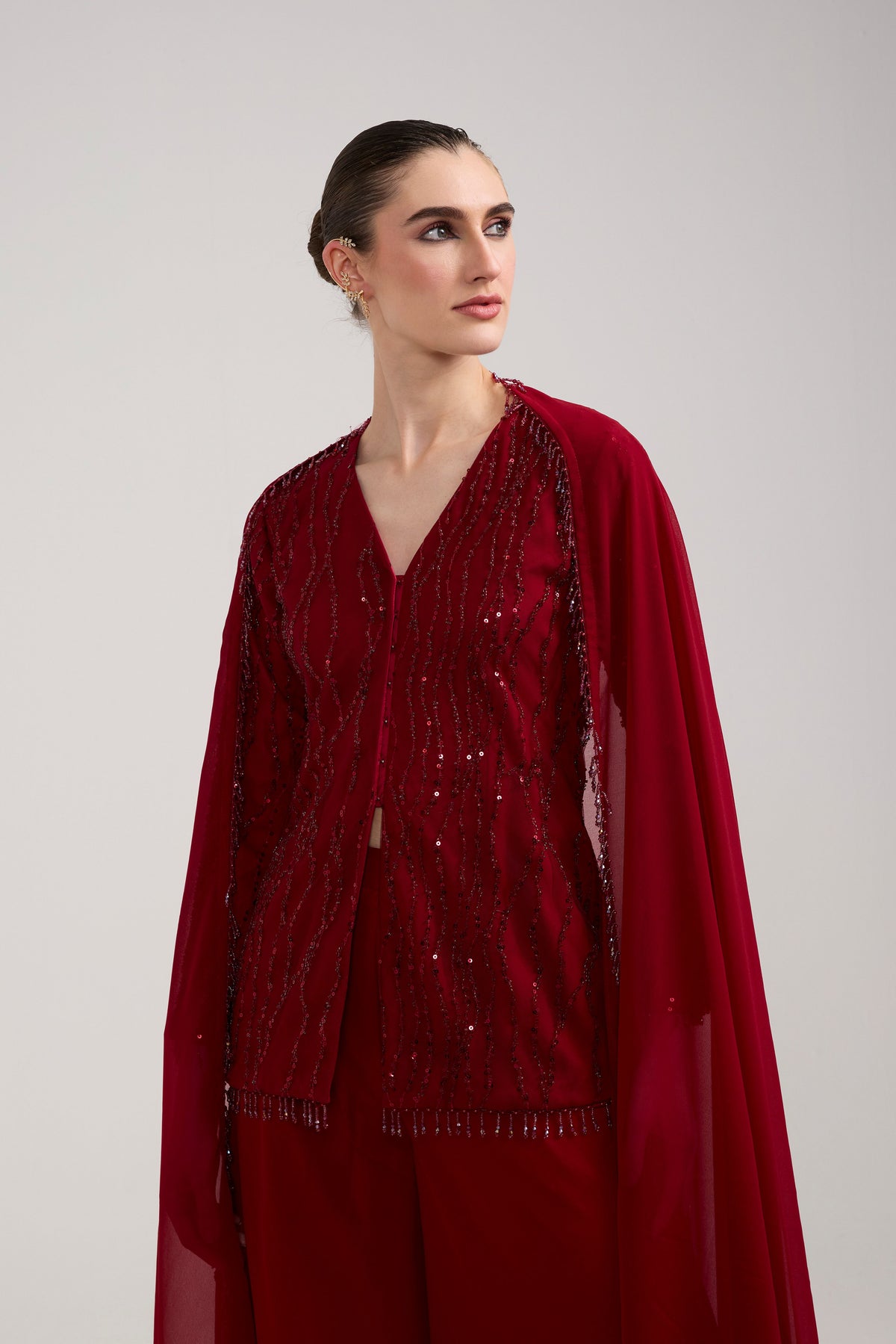 MAROON SEQUIN BEADED SHARARA SET