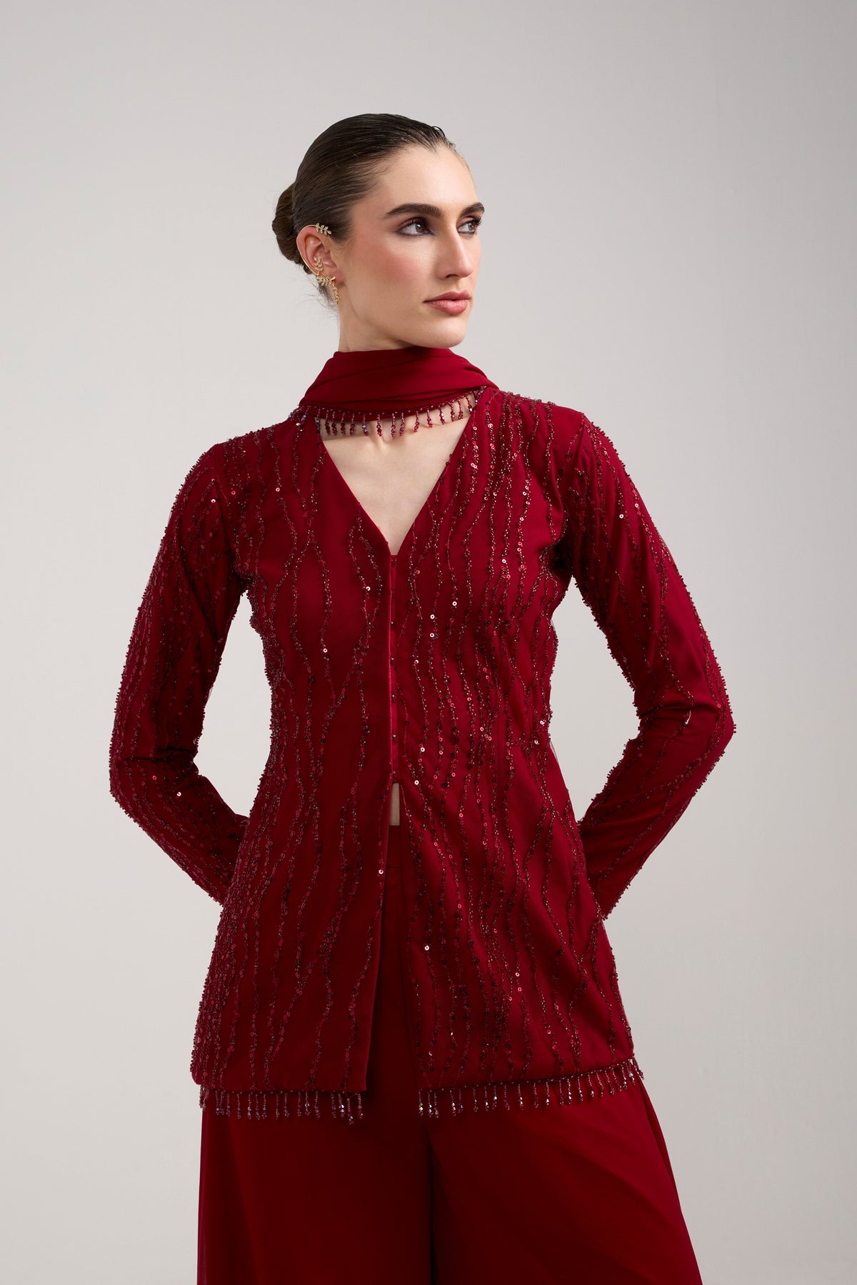 MAROON SEQUIN BEADED SHARARA SET