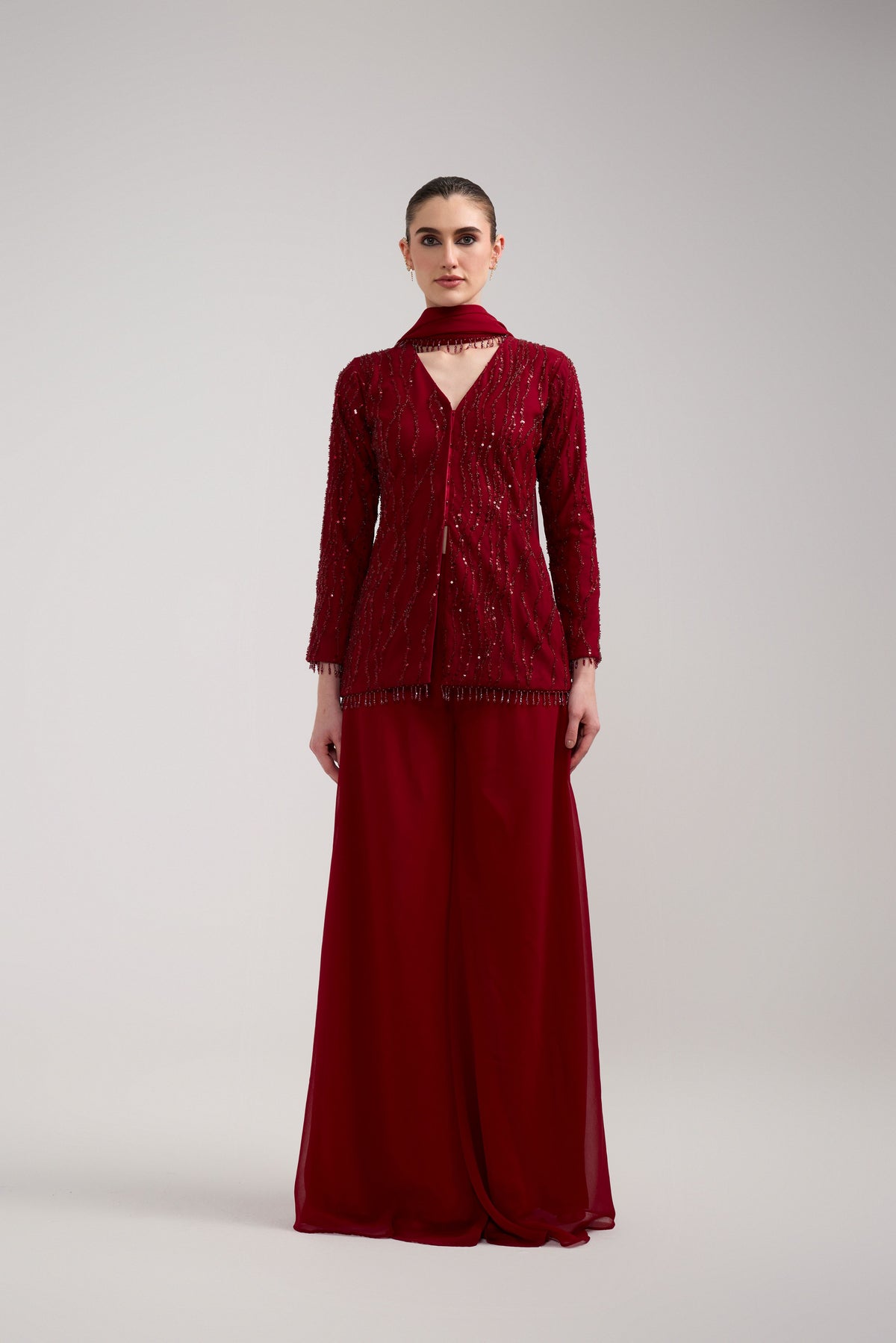 MAROON SEQUIN BEADED SHARARA SET