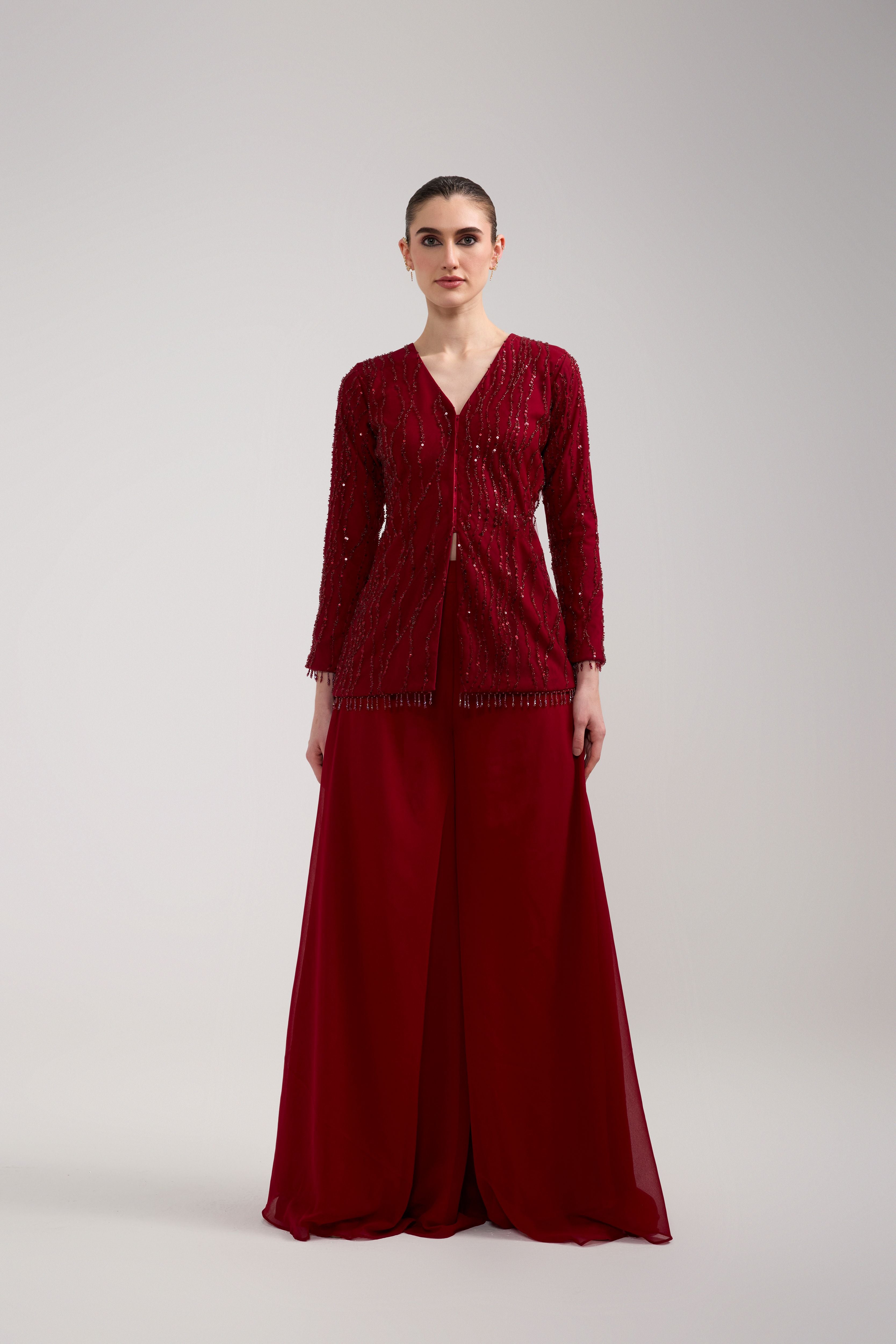 MAROON SEQUIN BEADED SHARARA SET