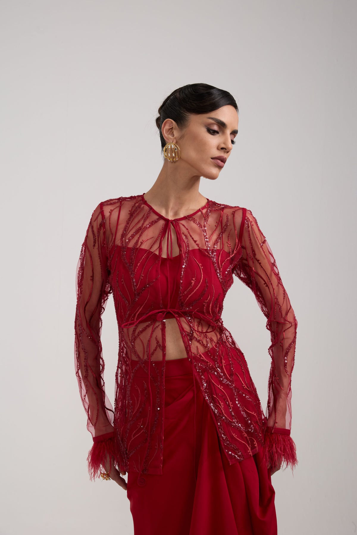MAROON DRAPED SKIRT SET