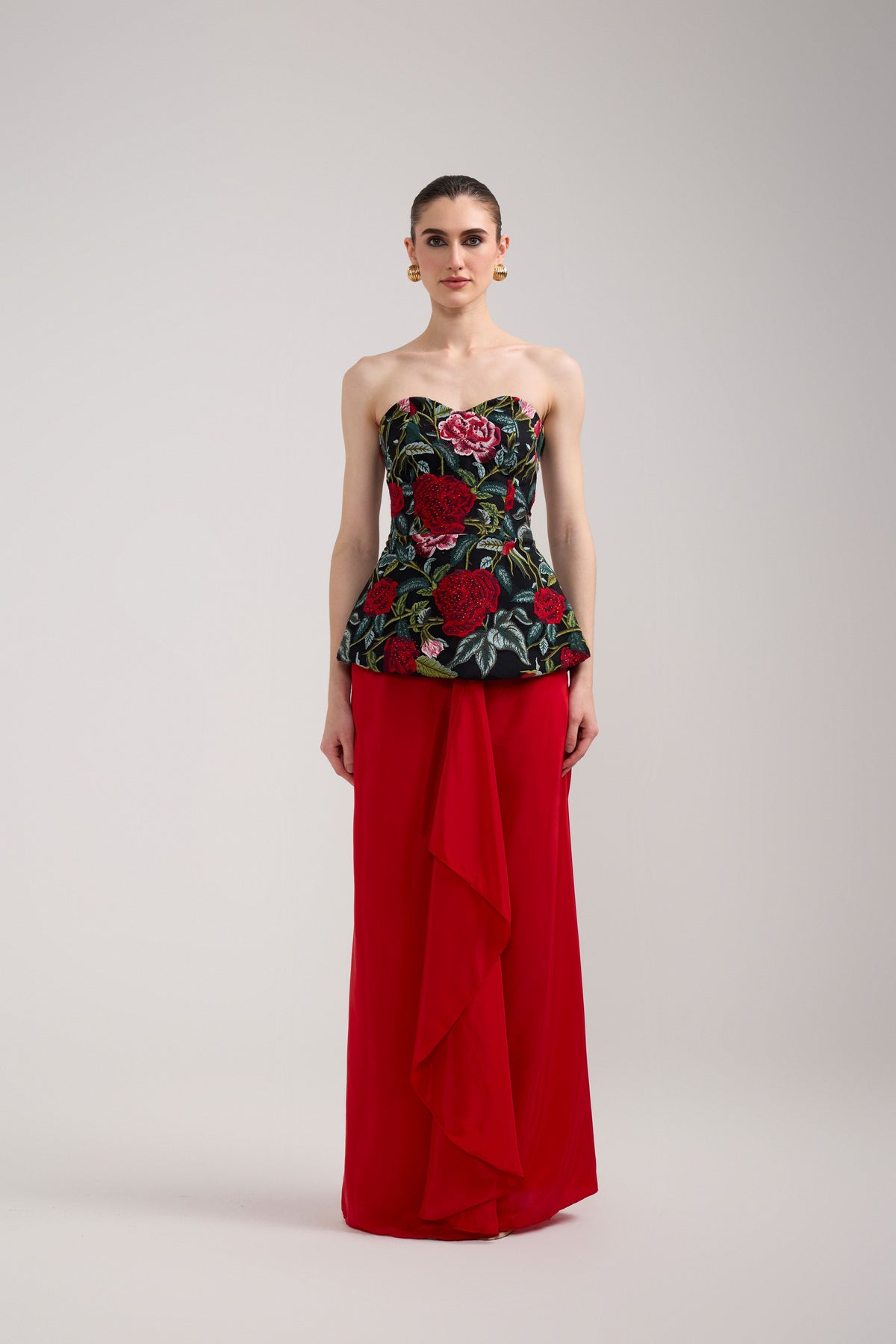 BLACK AND RED ROSE SKIRT SET