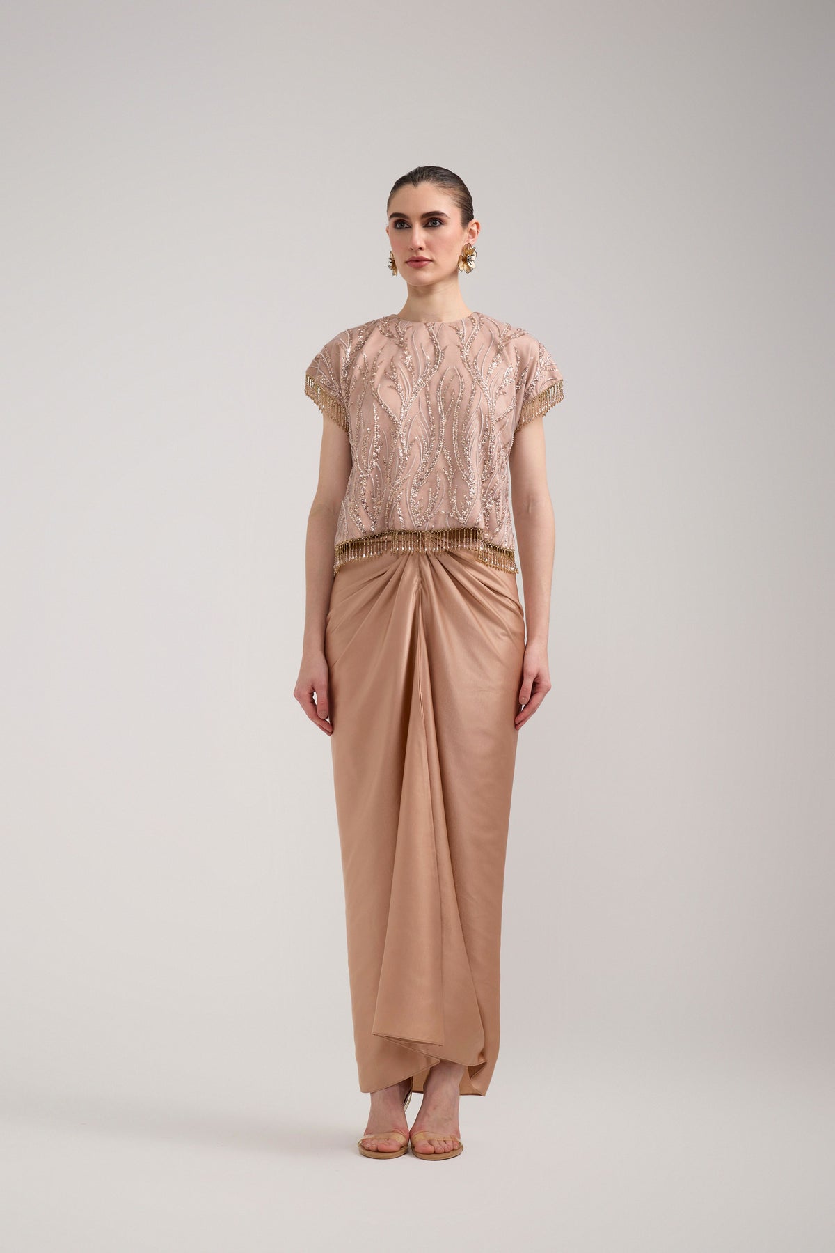 CHAMPAGNE SEQUIN KNOTTED SKIRT SET