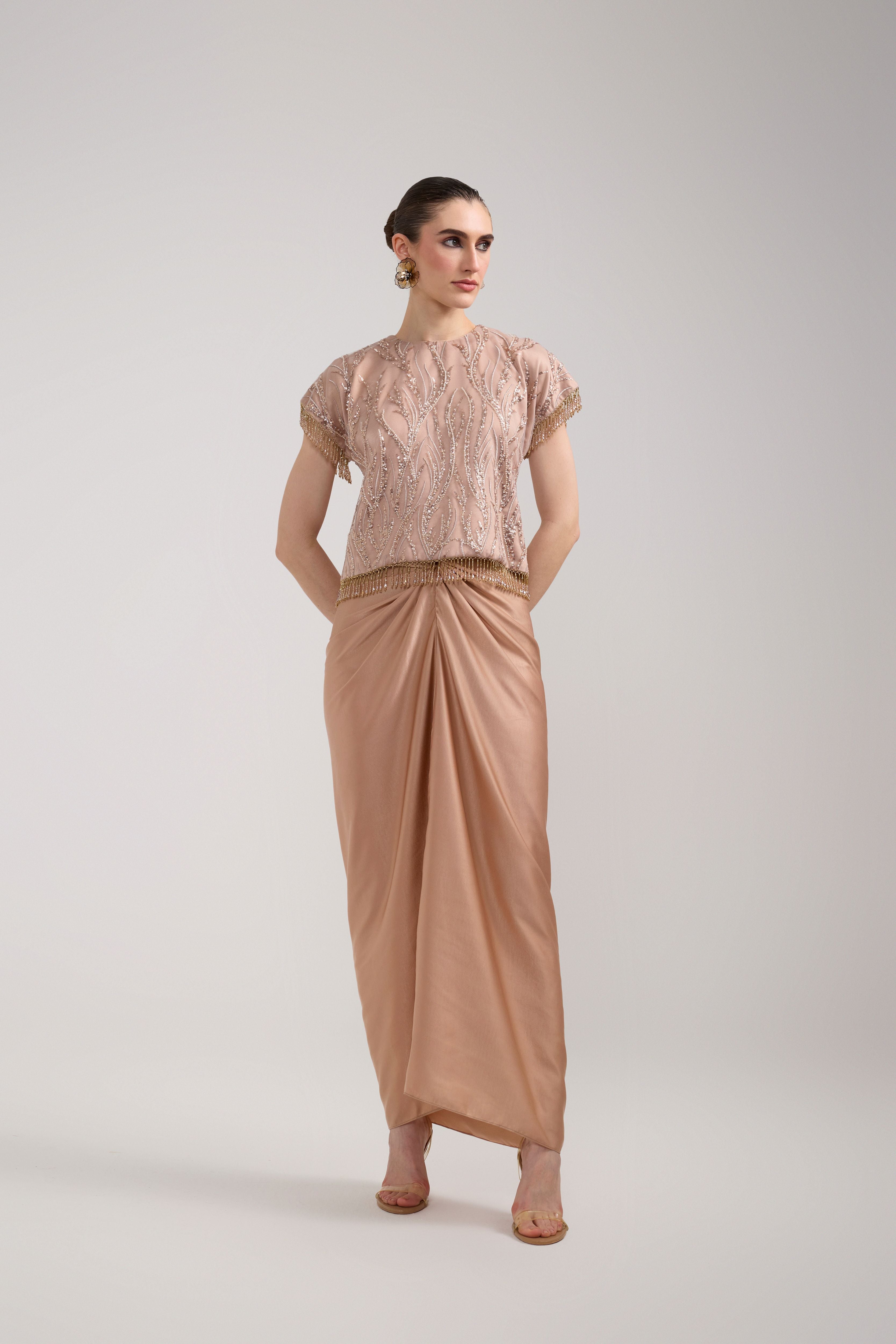 CHAMPAGNE SEQUIN KNOTTED SKIRT SET