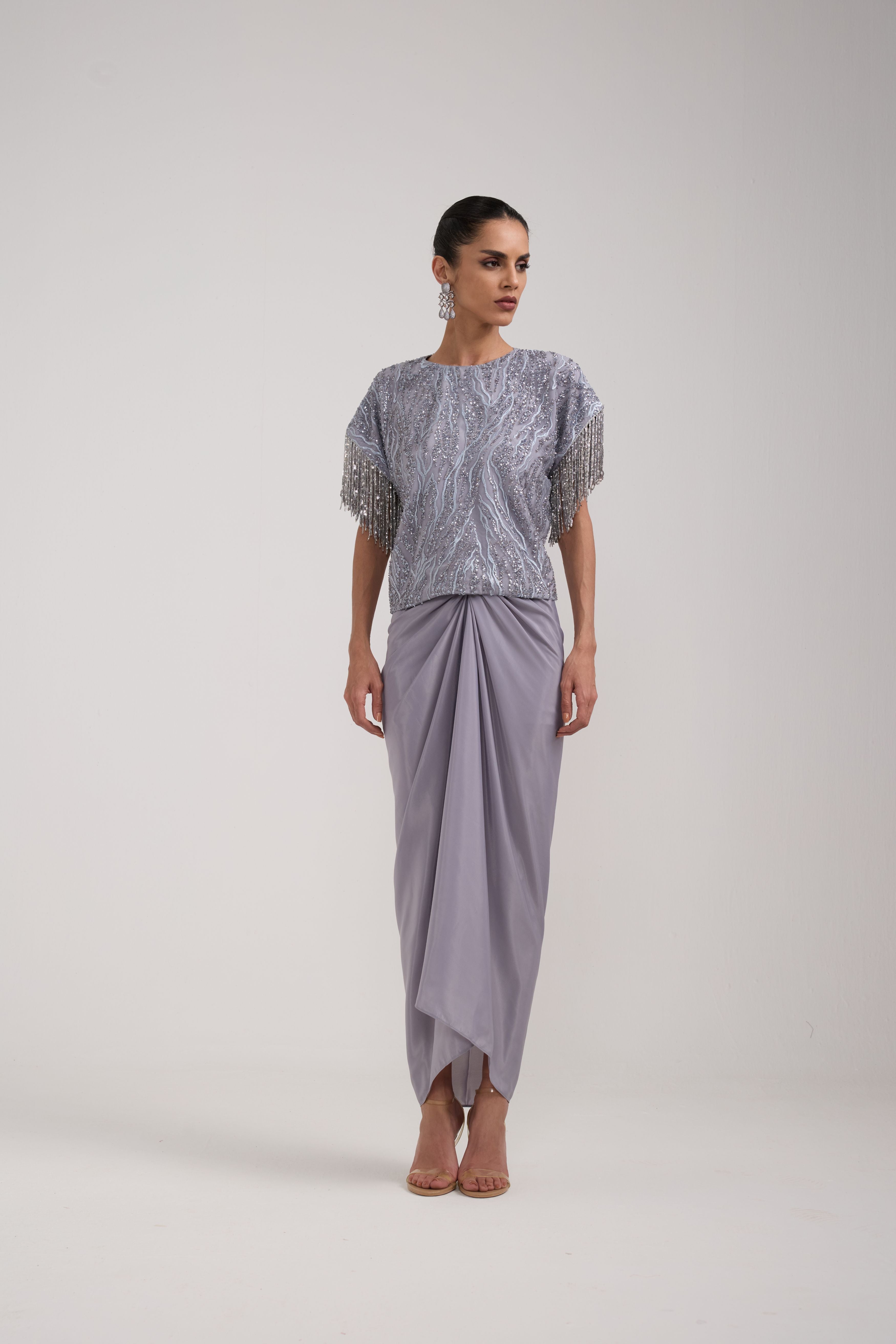 GREY SEQUIN KNOTTED SKIRT SET
