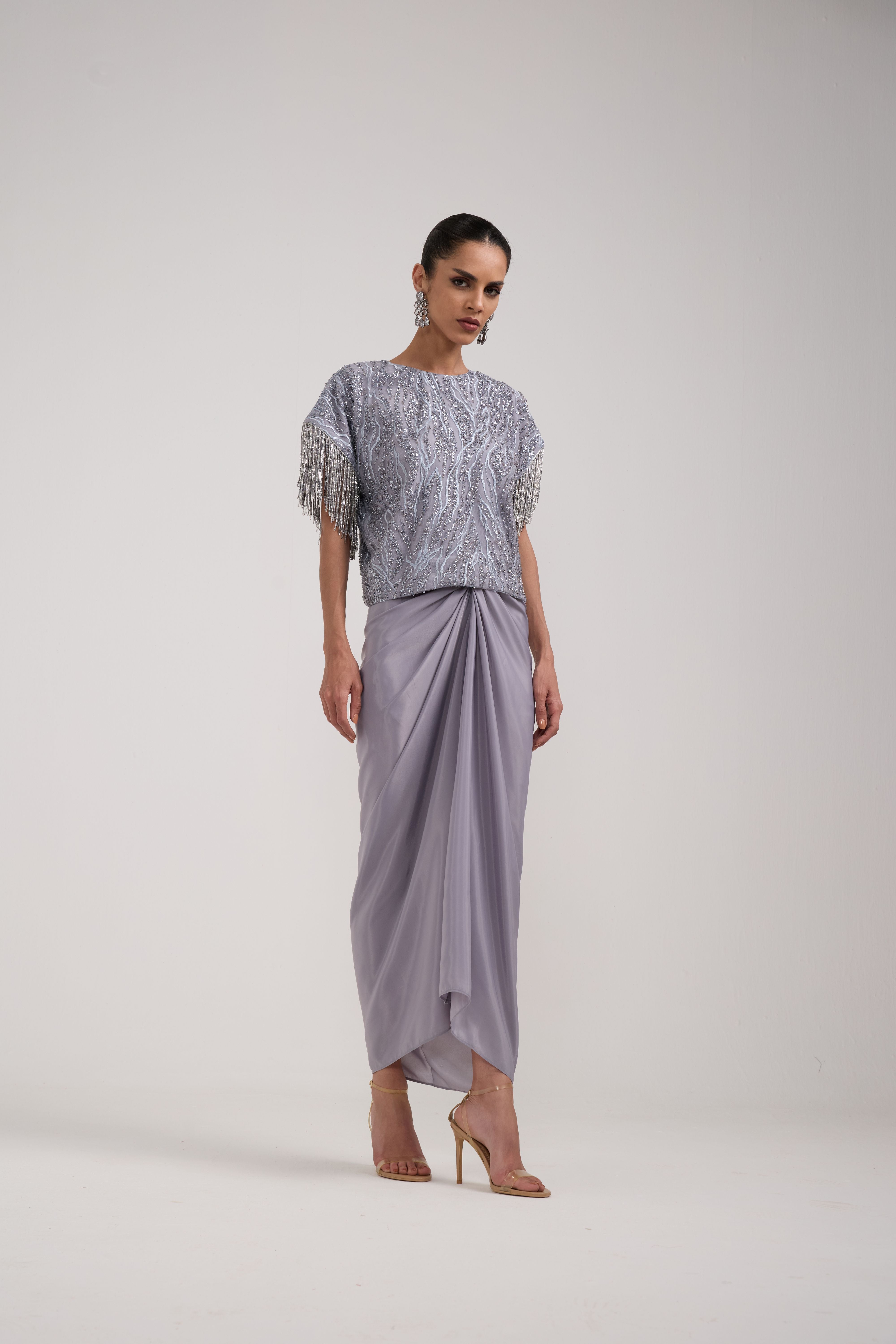 GREY SEQUIN KNOTTED SKIRT SET