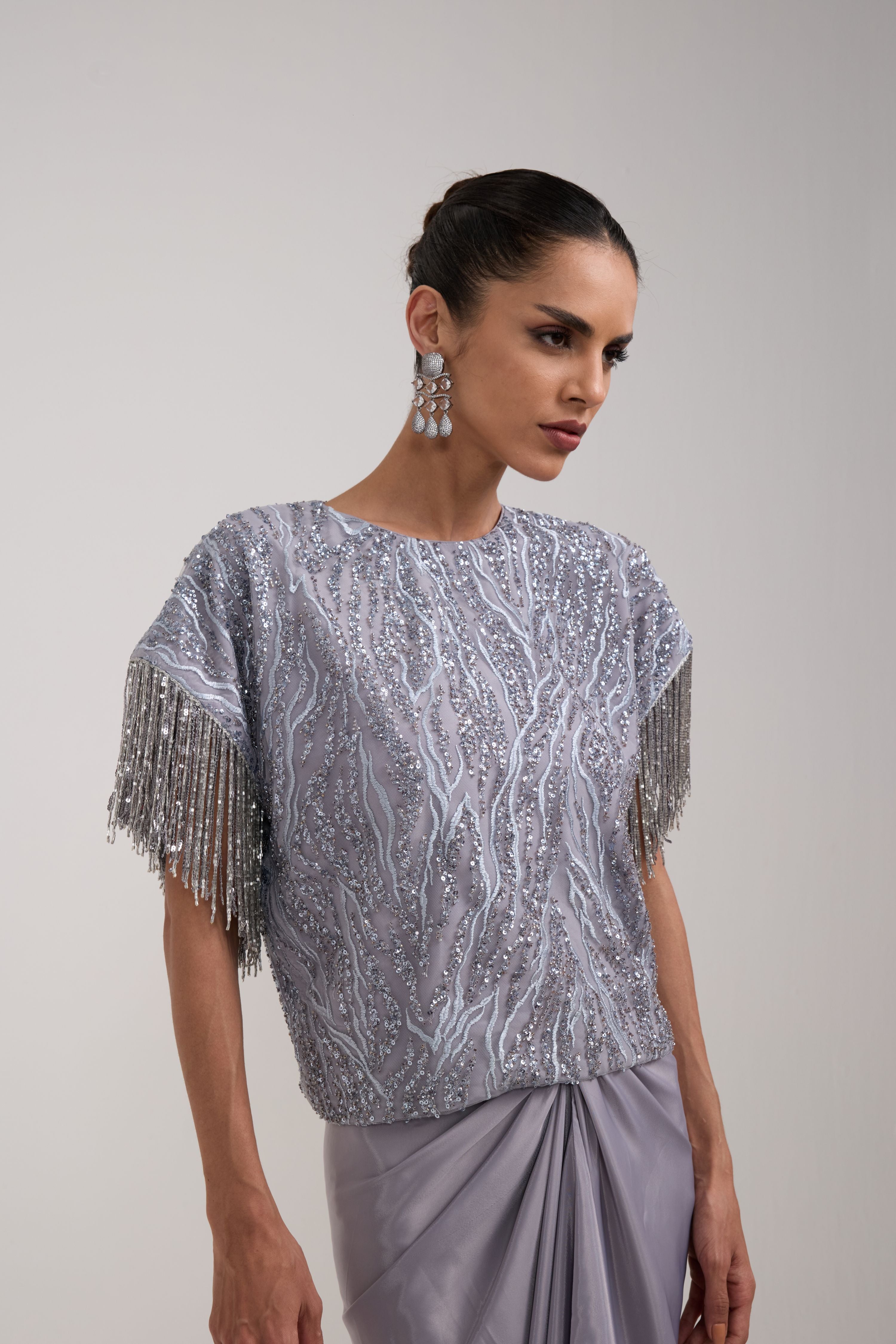 GREY SEQUIN KNOTTED SKIRT SET
