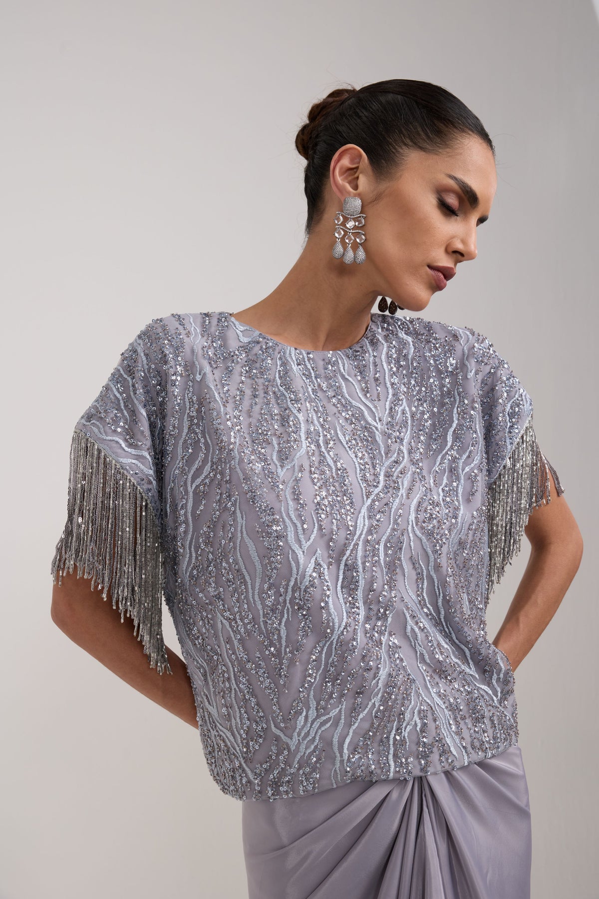 GREY SEQUIN KNOTTED SKIRT SET