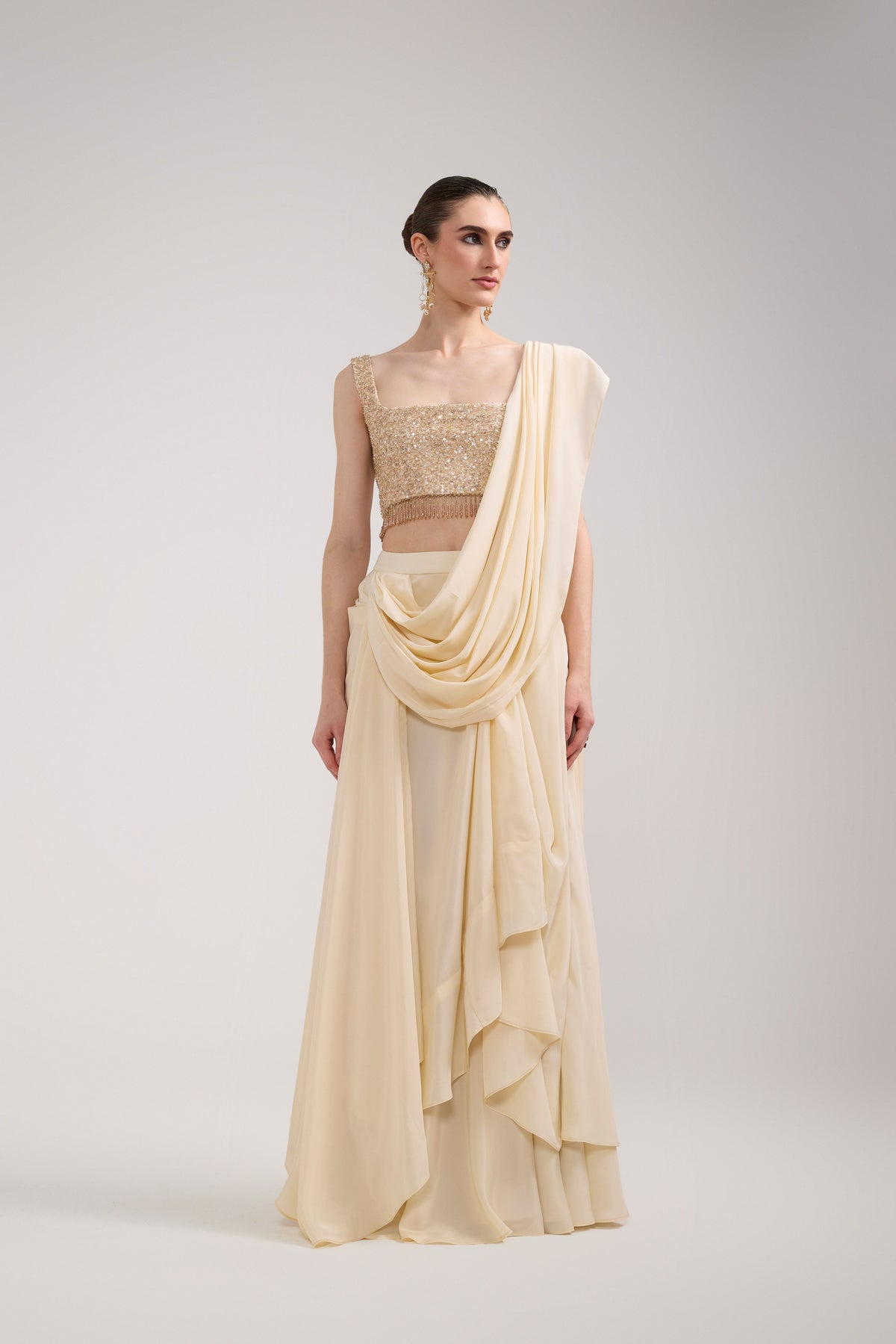 CREAM RUFFLE SAREE SET