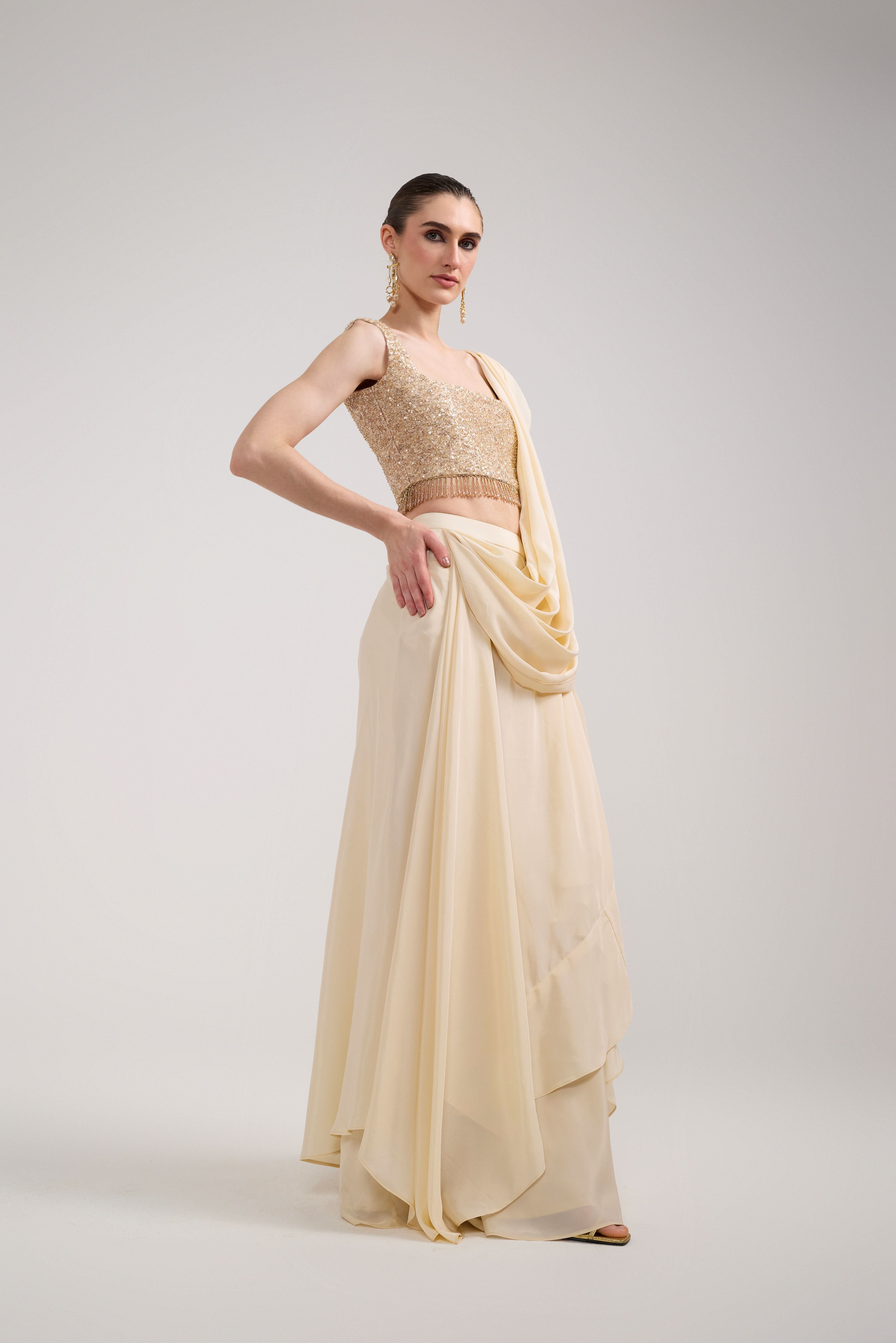 CREAM RUFFLE SAREE SET