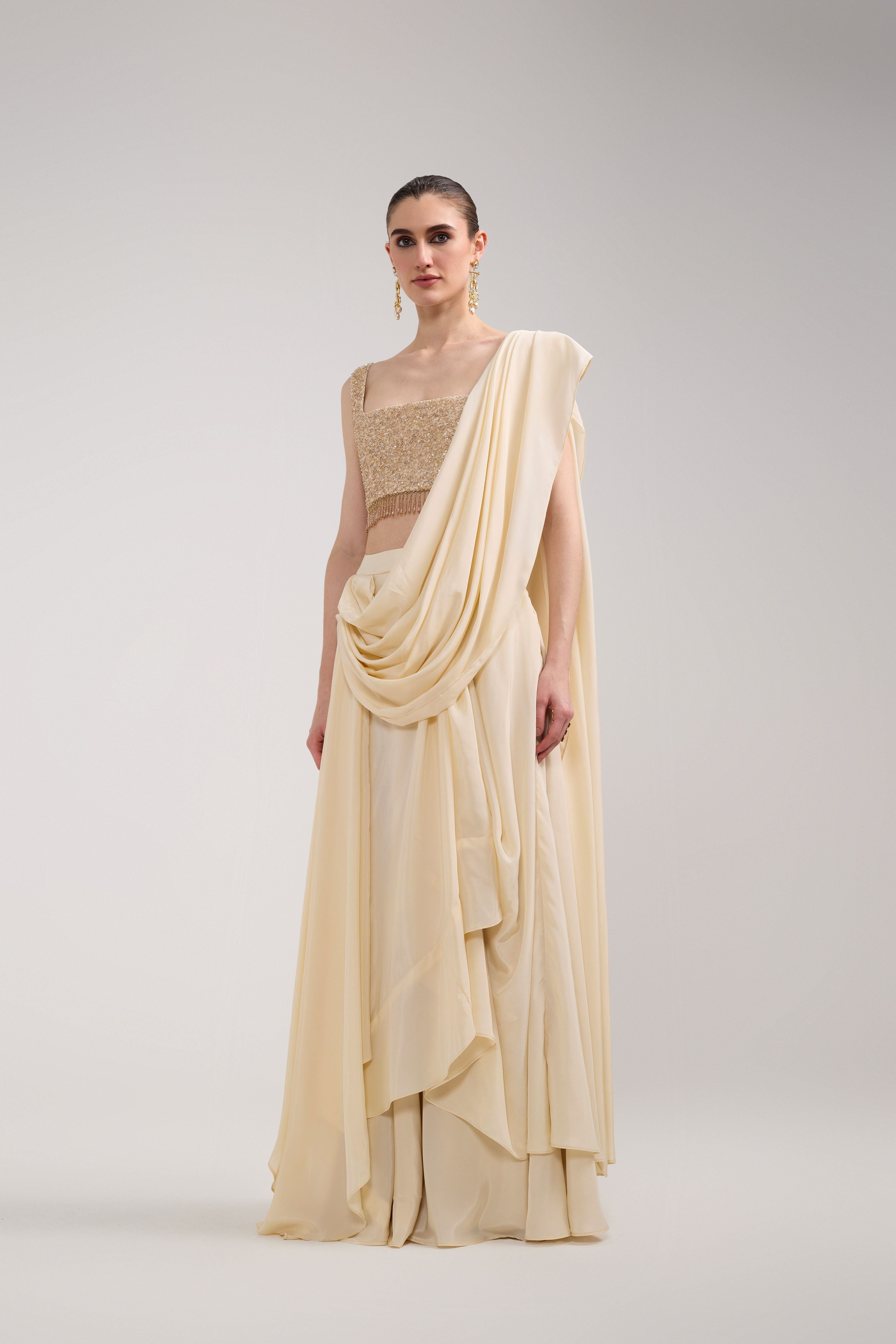 CREAM RUFFLE SAREE SET
