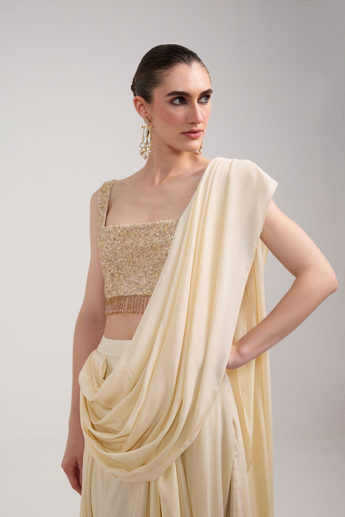 CREAM RUFFLE SAREE SET