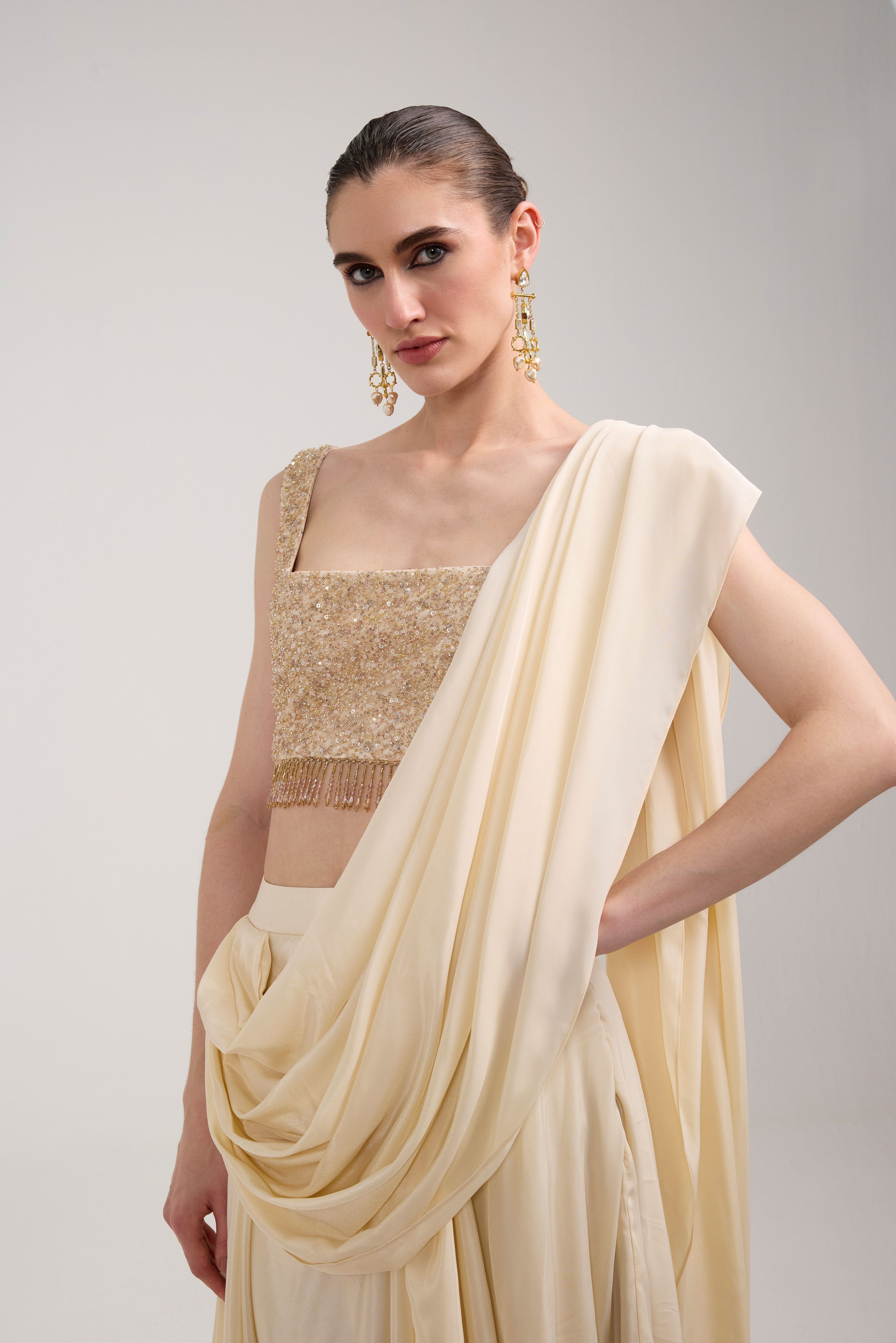 CREAM RUFFLE SAREE SET