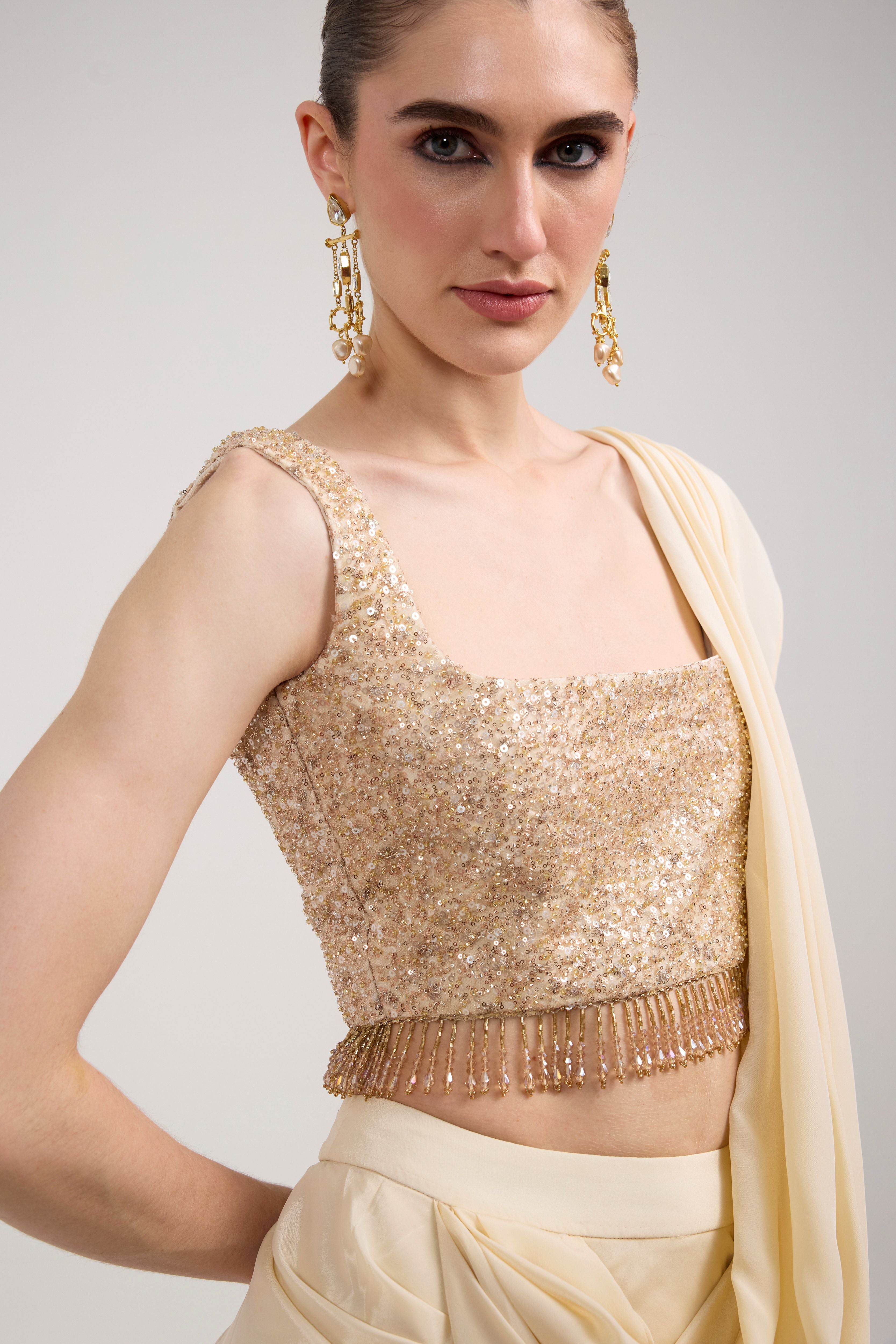 CREAM RUFFLE SAREE SET