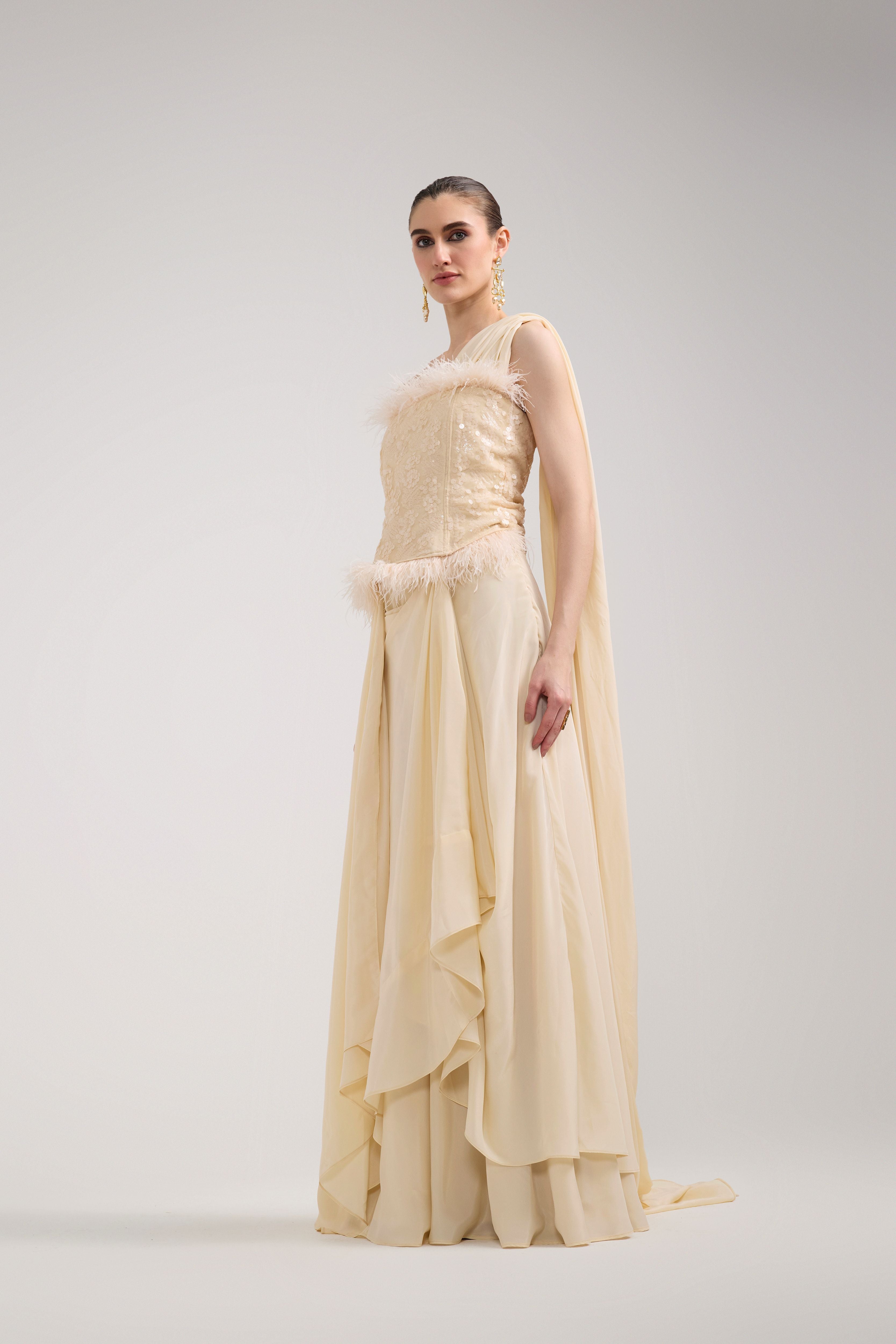 CREAM SEQUIN AND FEATHER SAREE SET