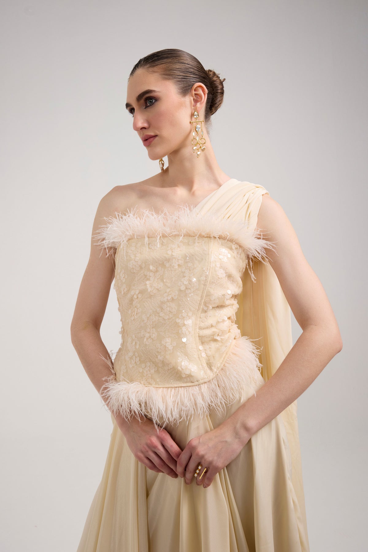 CREAM SEQUIN AND FEATHER SAREE SET