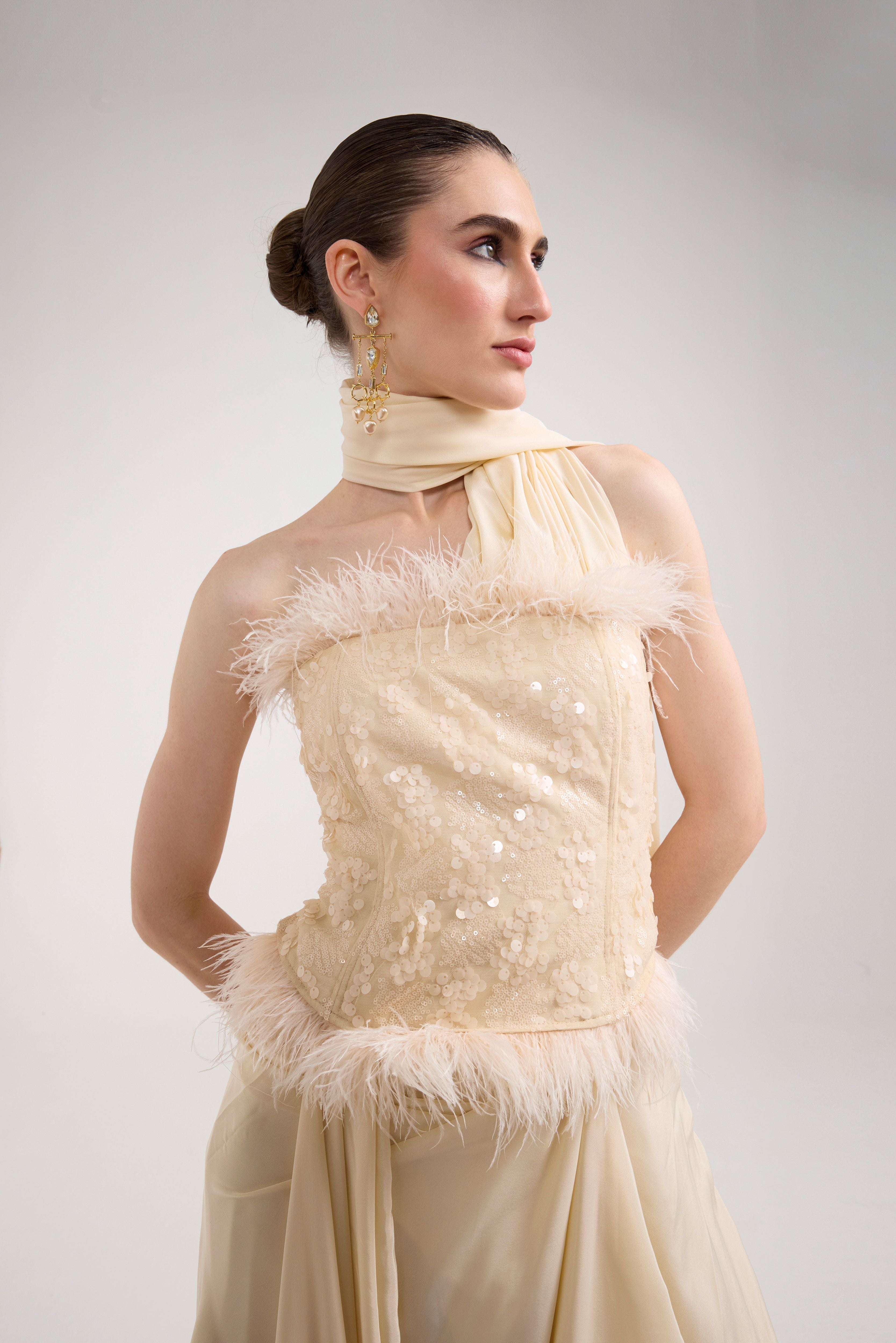 CREAM SEQUIN AND FEATHER SAREE SET