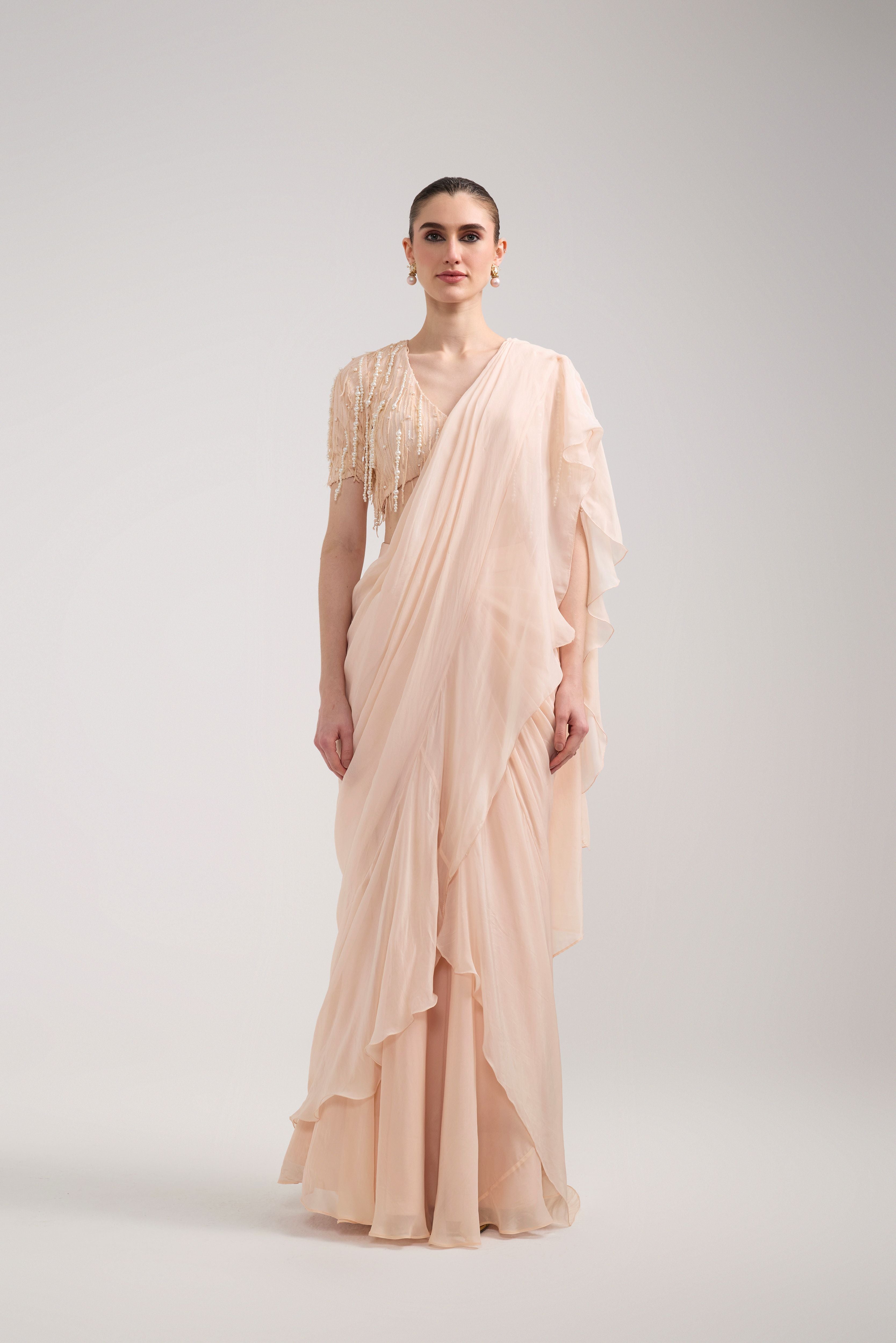 PEACH RUFFLE SAREE SET