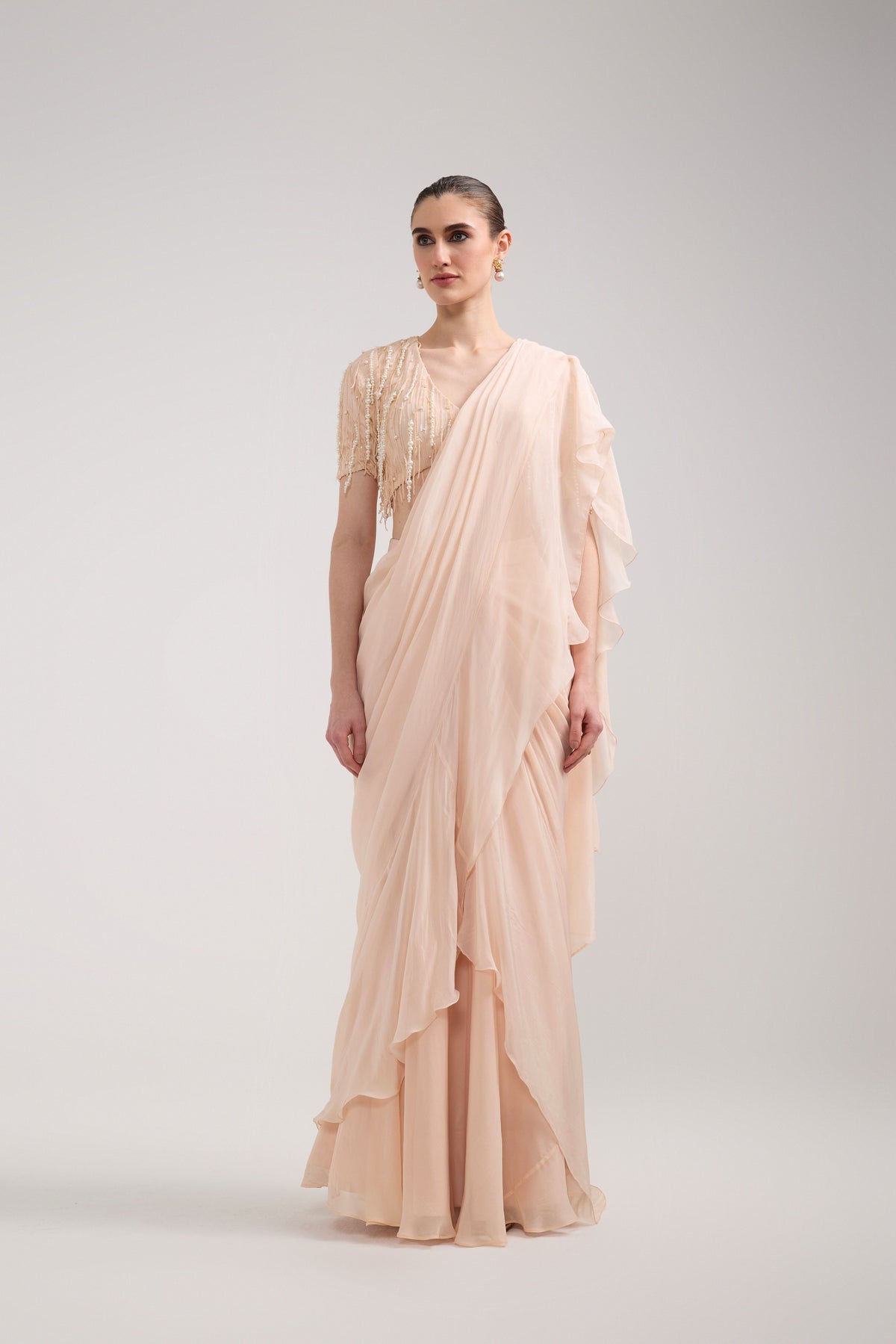 PEACH RUFFLE SAREE SET