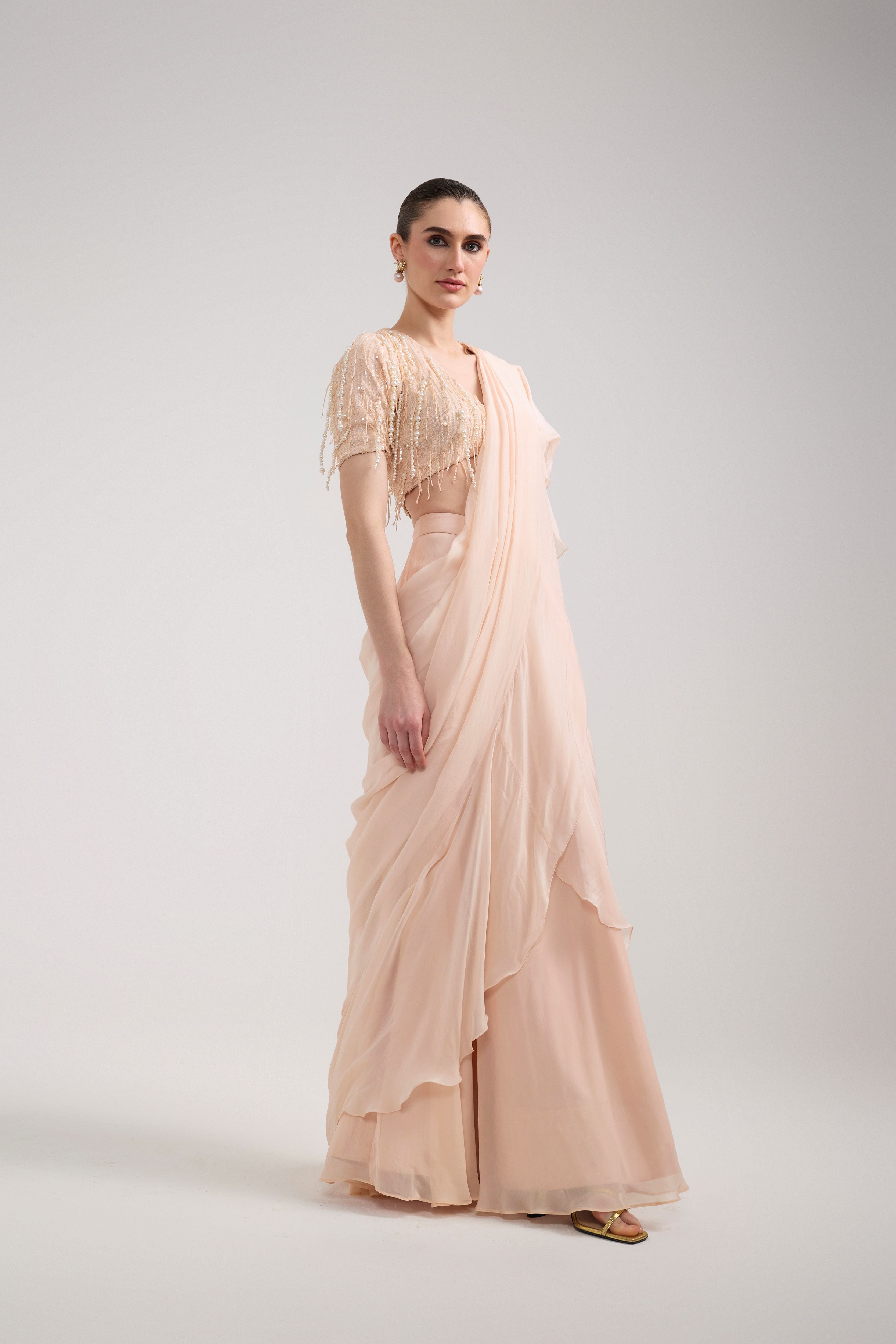 PEACH RUFFLE SAREE SET