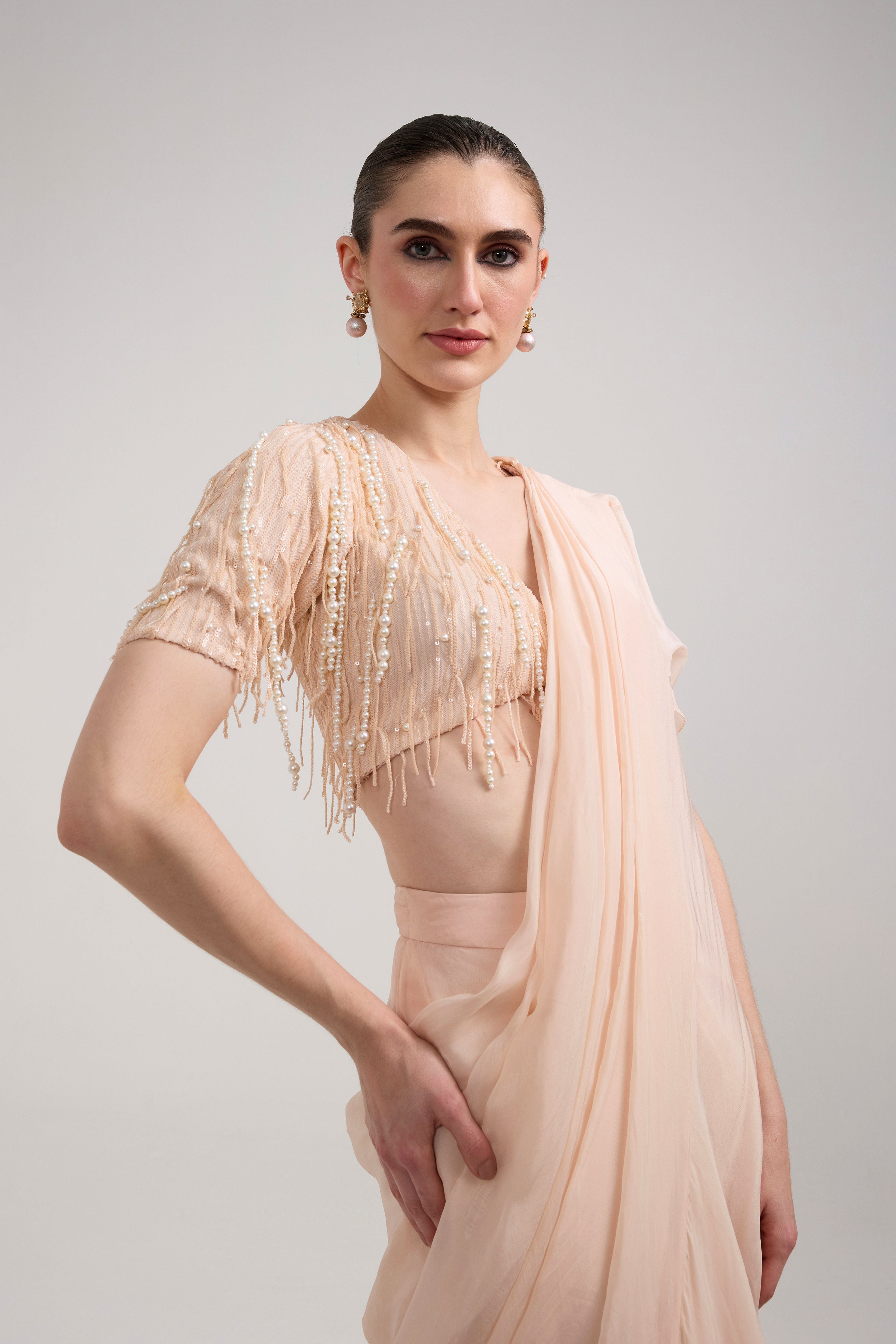 PEACH RUFFLE SAREE SET